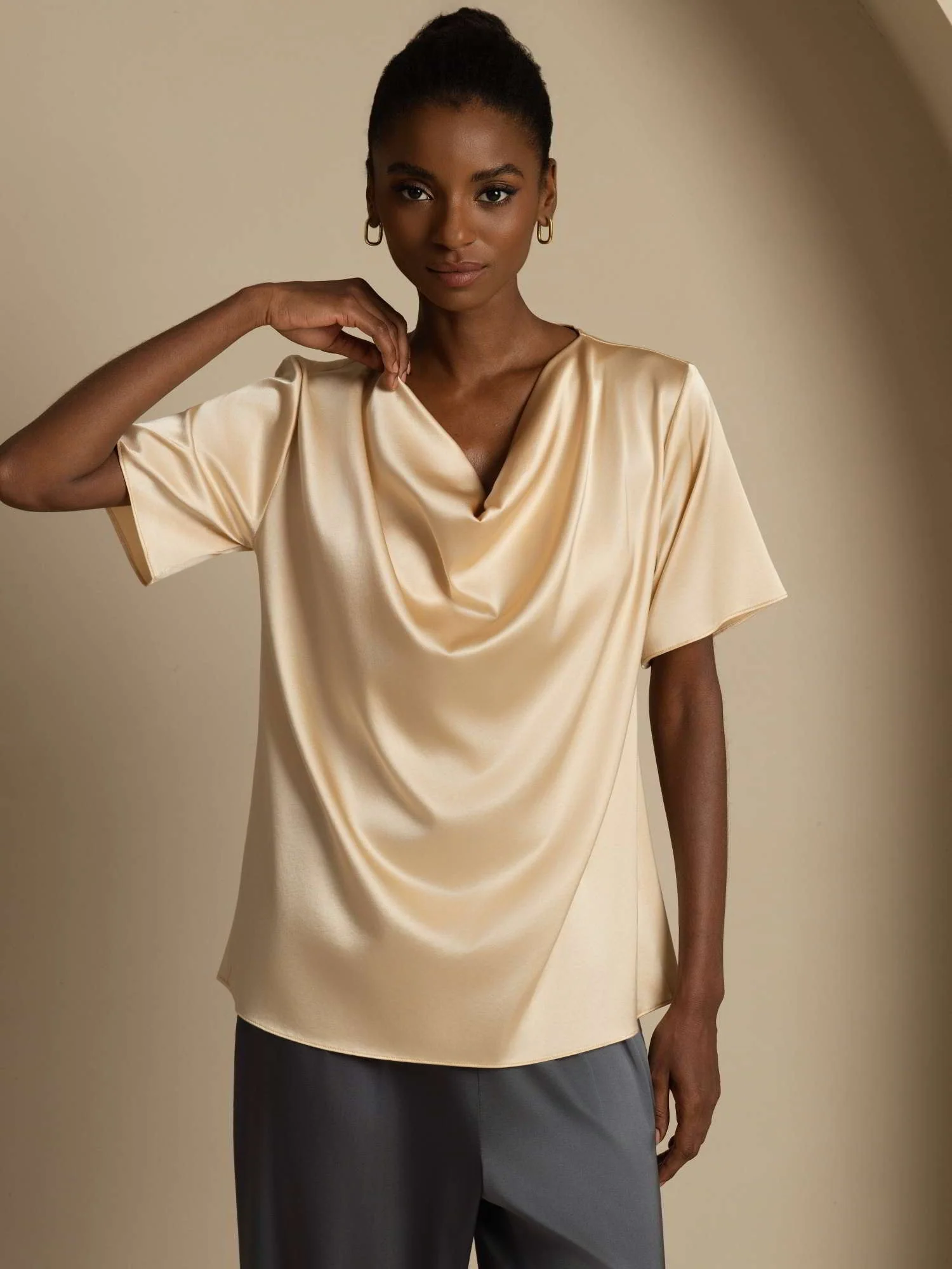 19Momme Women's Silk Short Sleeve Cowl Neck T-Shirt - Image 17