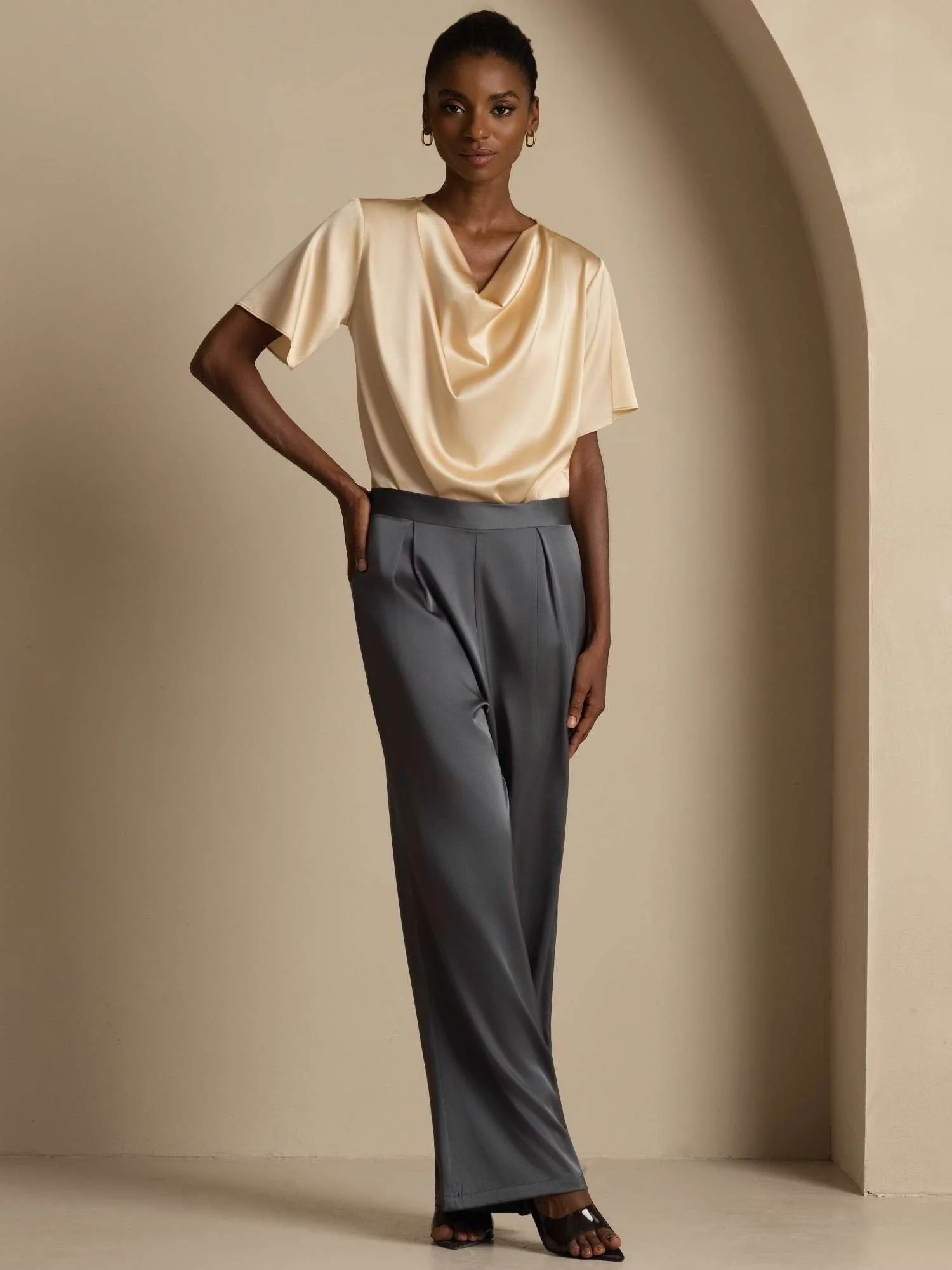 19Momme Women's Silk Short Sleeve Cowl Neck T-Shirt - Image 20