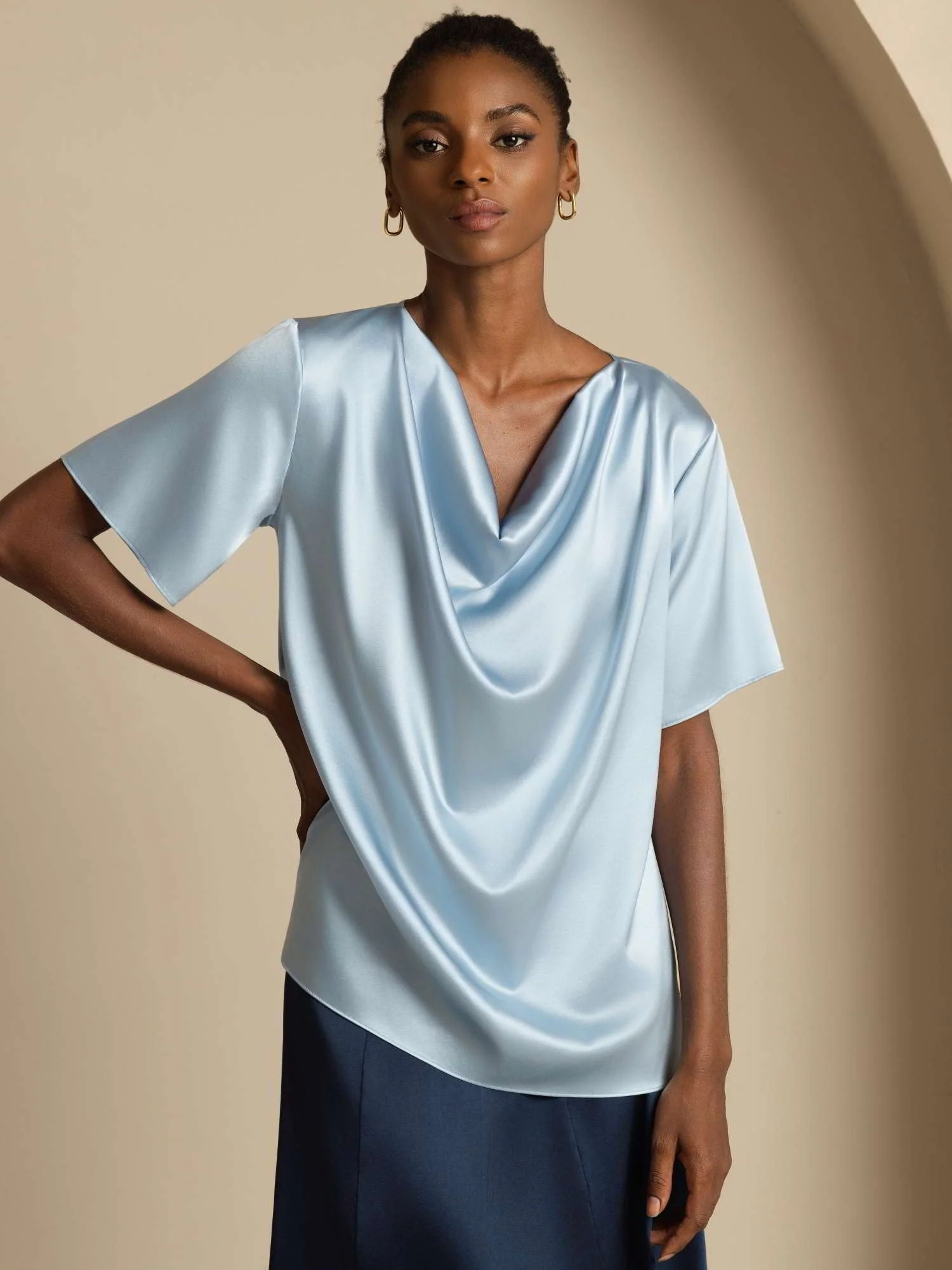 19Momme Women's Silk Short Sleeve Cowl Neck T-Shirt - Image 21