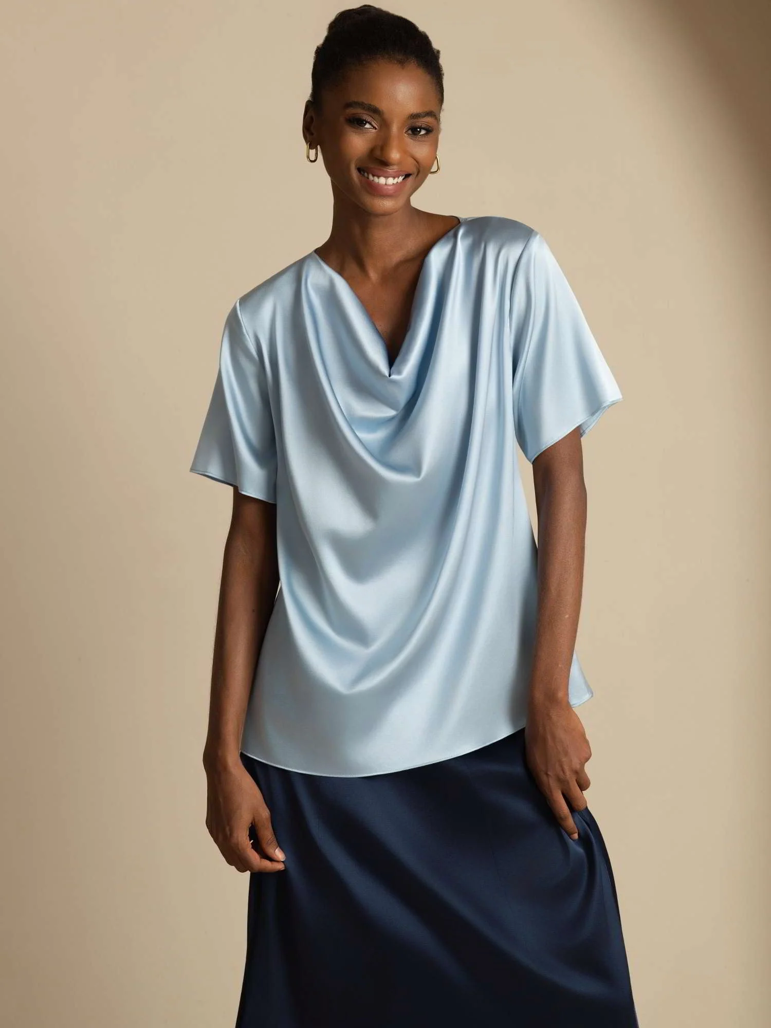 19Momme Women's Silk Short Sleeve Cowl Neck T-Shirt - Image 24