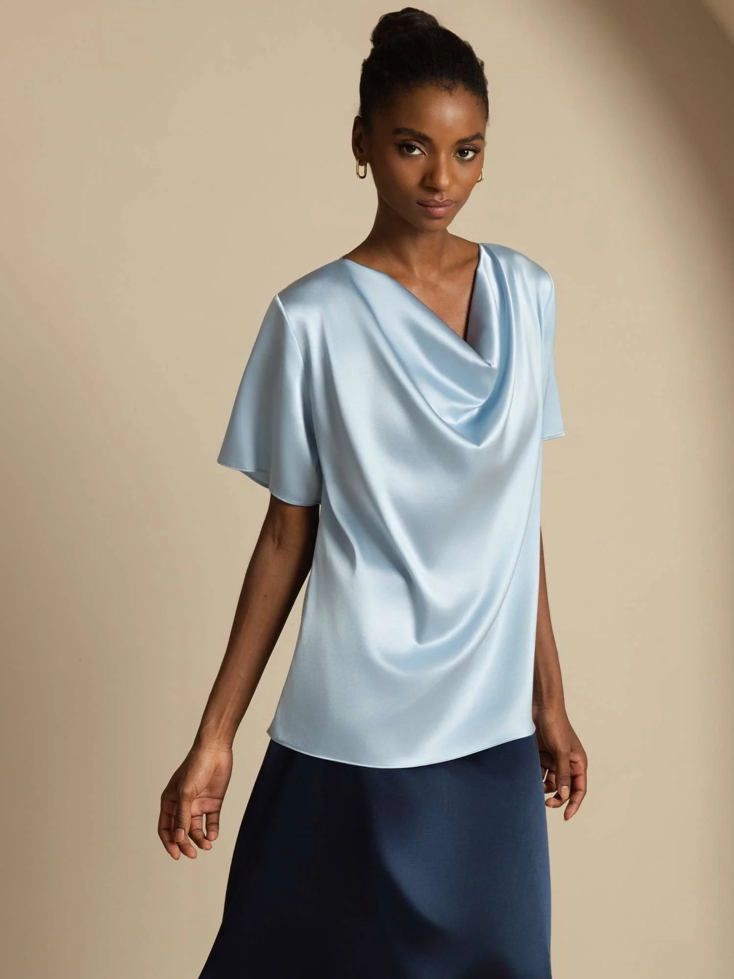 19Momme Women's Silk Short Sleeve Cowl Neck T-Shirt - Image 25