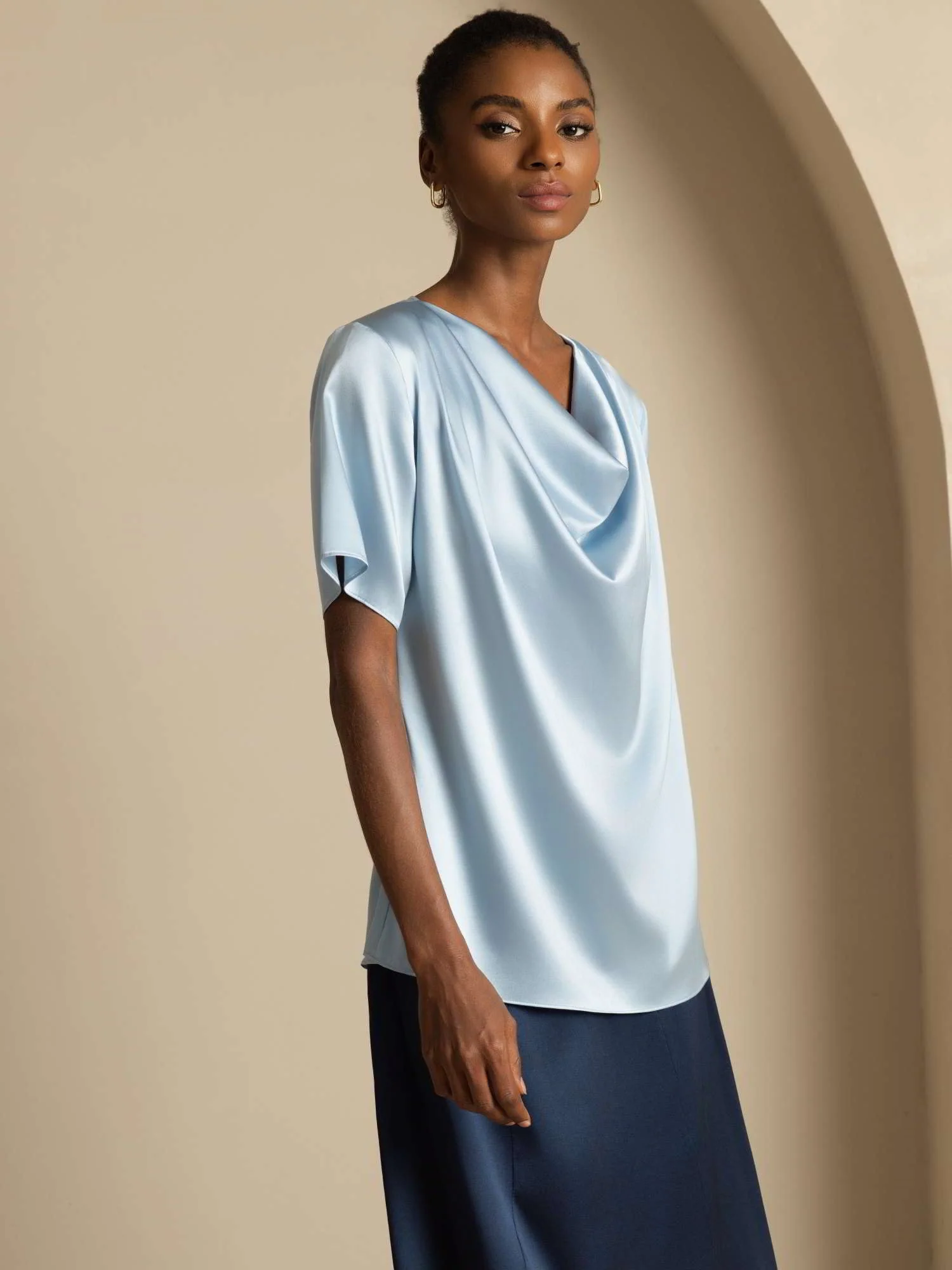 19Momme Women's Silk Short Sleeve Cowl Neck T-Shirt - Image 26