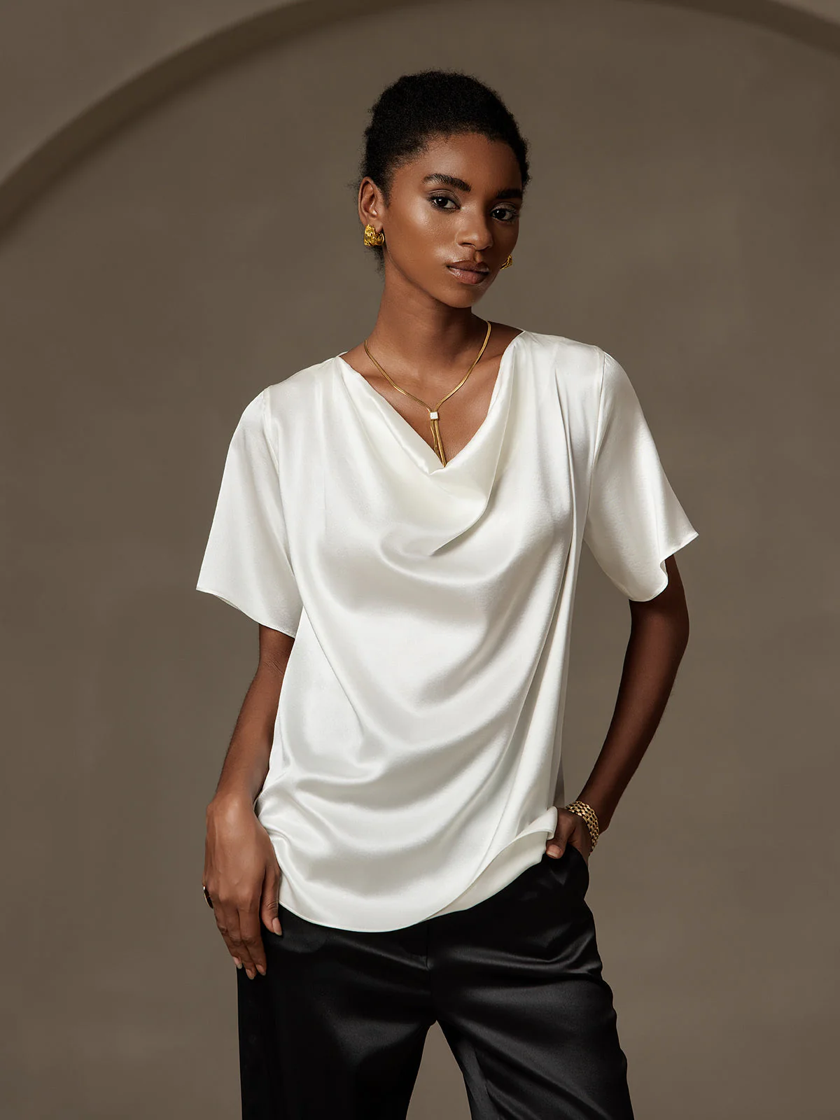 19Momme Women's Silk Short Sleeve Cowl Neck T-Shirt - Image 3