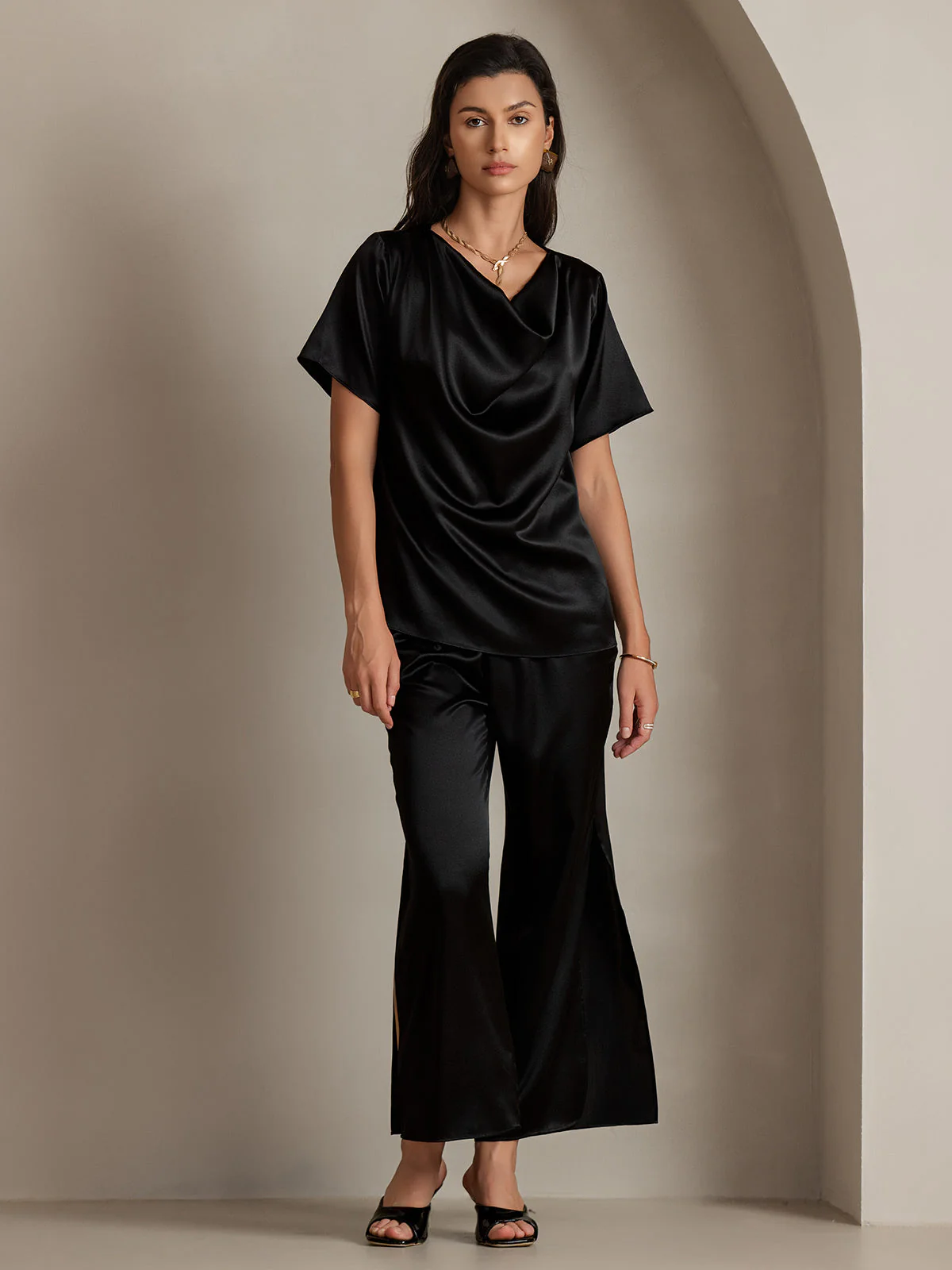 19Momme Women's Silk Short Sleeve Cowl Neck T-Shirt - Image 9