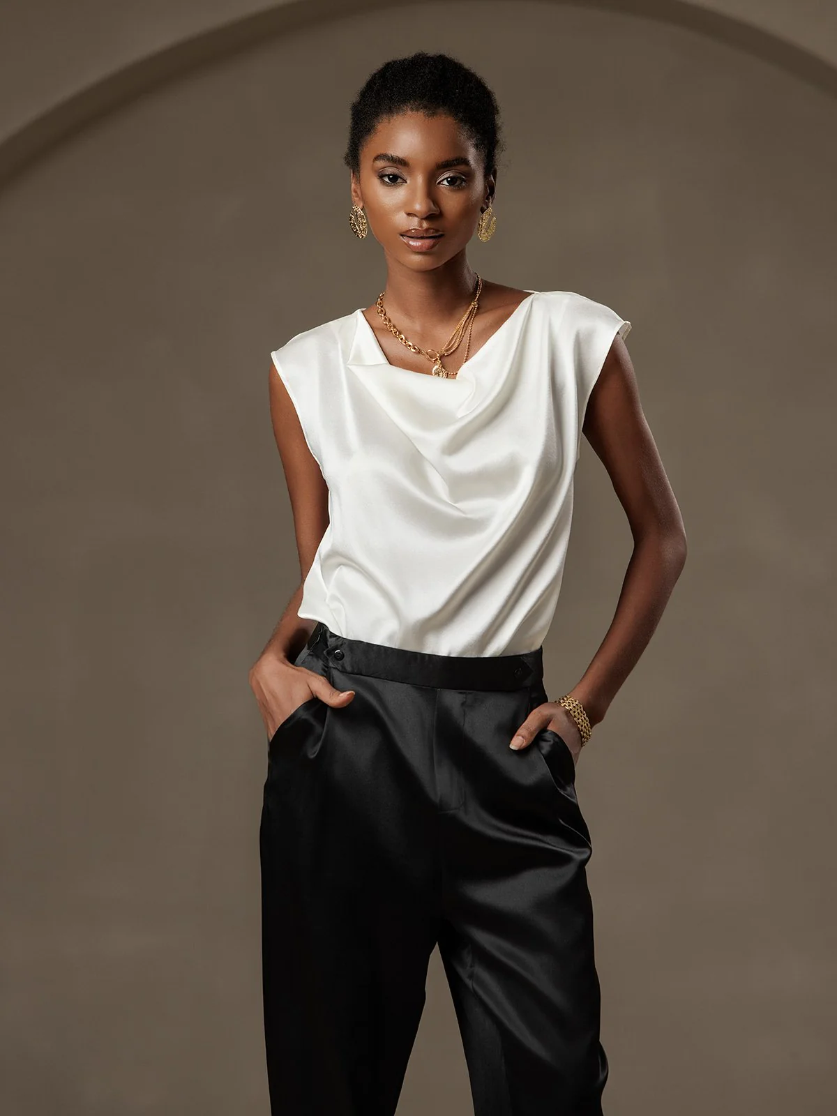 19Momme Silk Cap Sleeve Cowl Neck Women's Top - Image 11