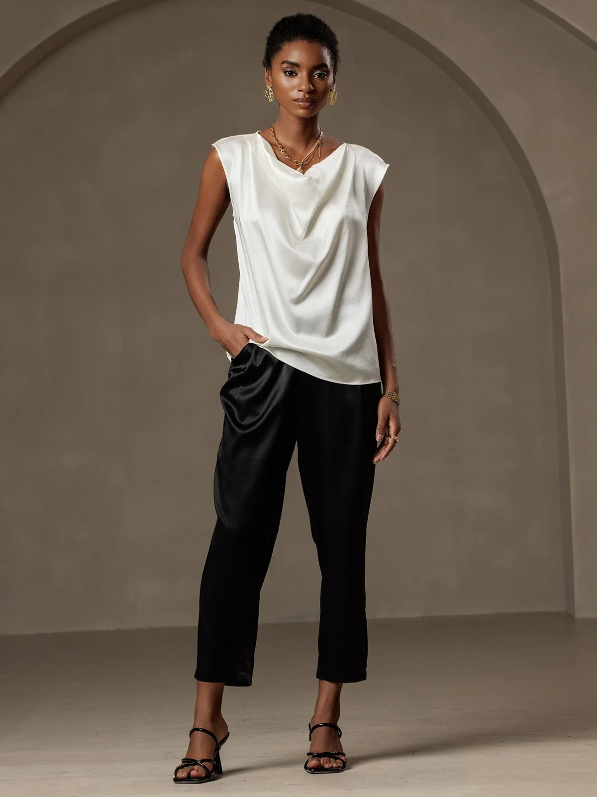 19Momme Silk Cap Sleeve Cowl Neck Women's Top - Image 12