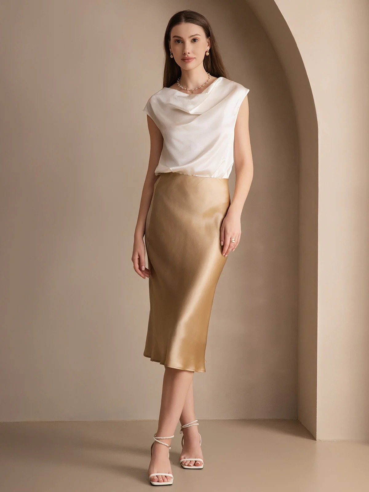 19Momme Silk Cap Sleeve Cowl Neck Women's Top - Image 14