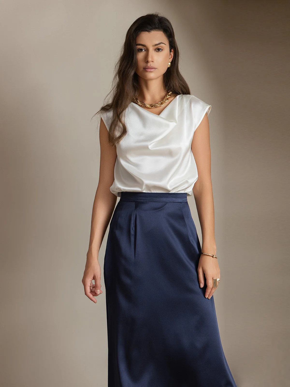 19Momme Silk Cap Sleeve Cowl Neck Women's Top - Image 16