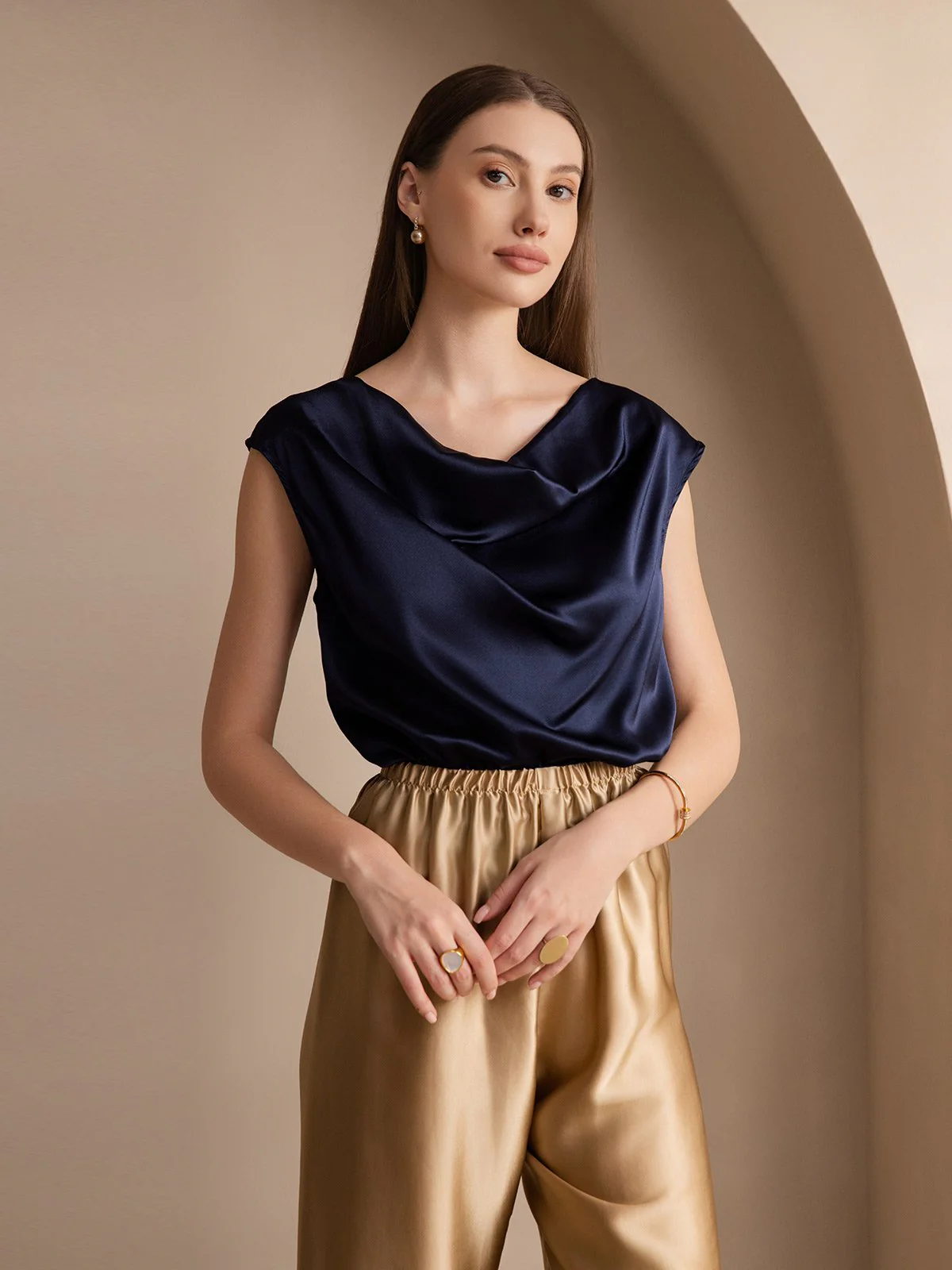 19Momme Silk Cap Sleeve Cowl Neck Women's Top - Image 19