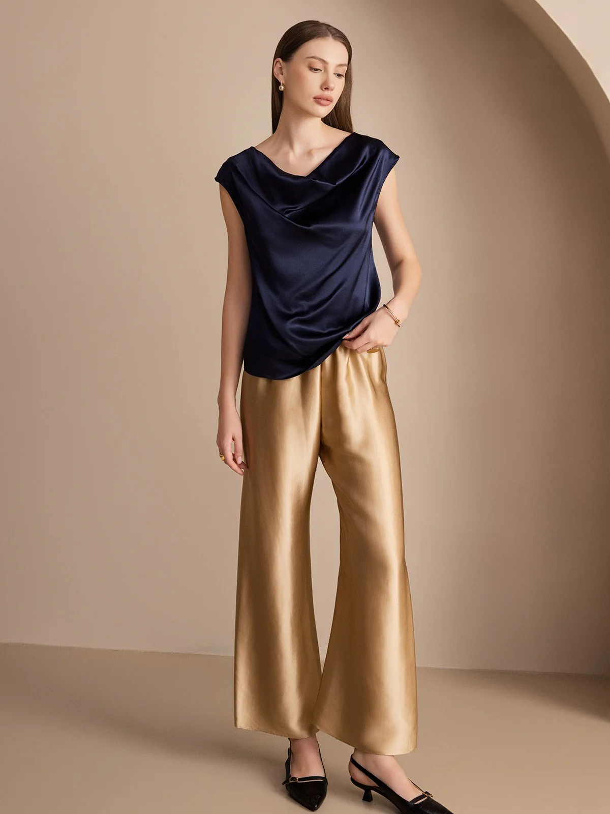 19Momme Silk Cap Sleeve Cowl Neck Women's Top - Image 20