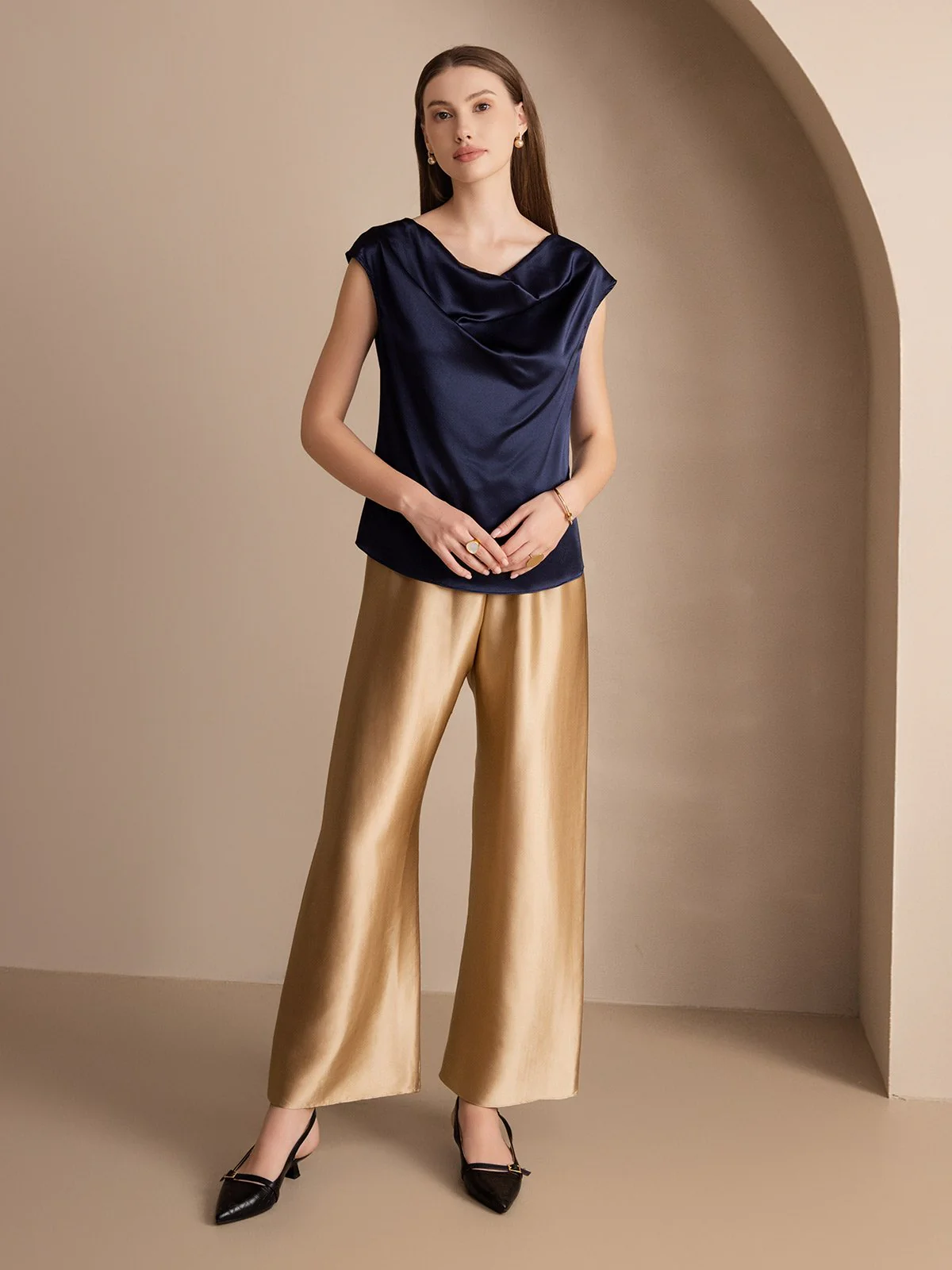 19Momme Silk Cap Sleeve Cowl Neck Women's Top - Image 21