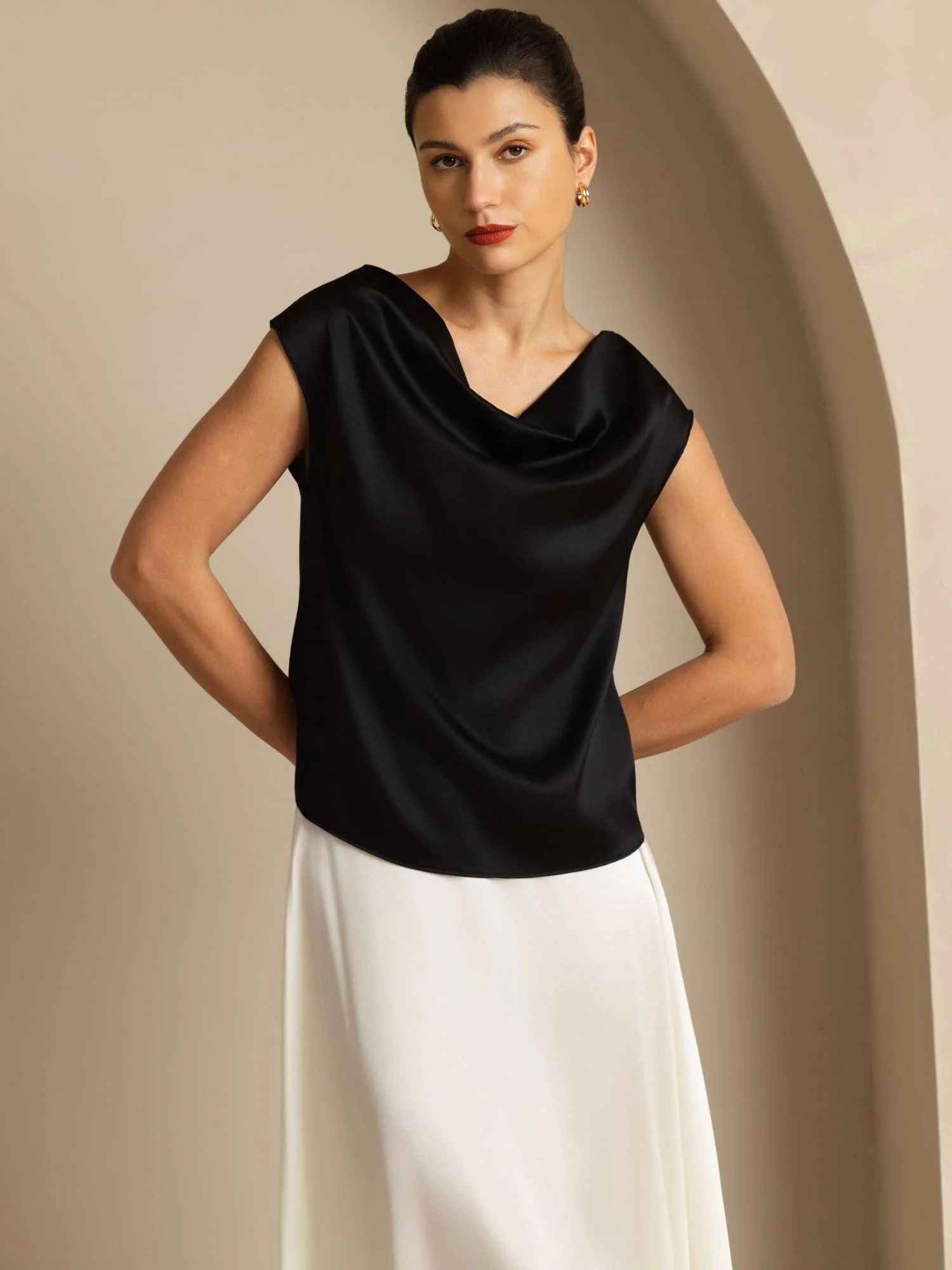 19Momme Silk Cap Sleeve Cowl Neck Women's Top - Image 27