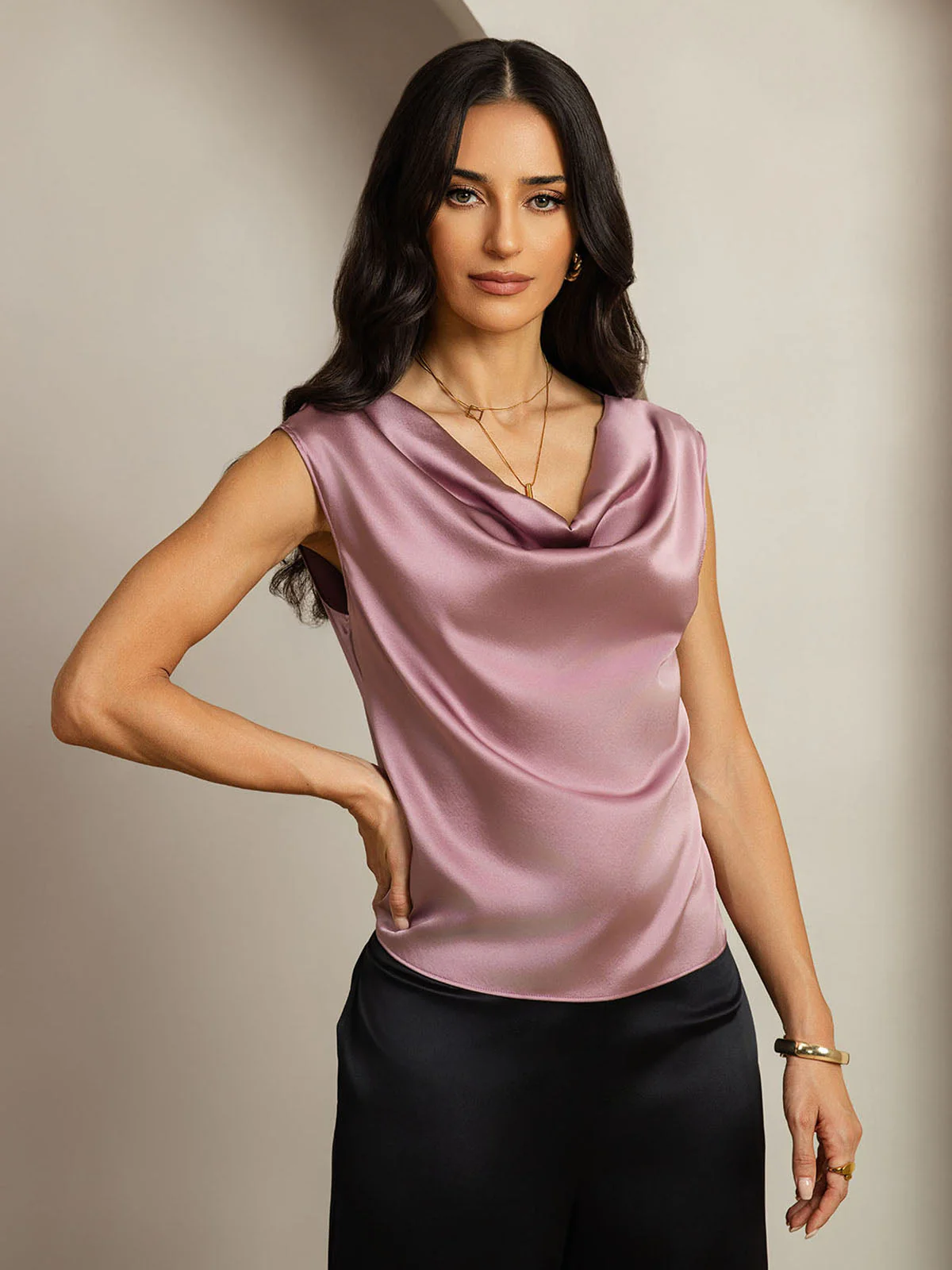 19Momme Silk Cap Sleeve Cowl Neck Women's Top - Image 31