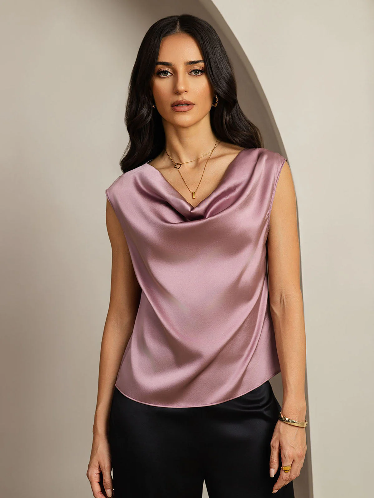 19Momme Silk Cap Sleeve Cowl Neck Women's Top - Image 34