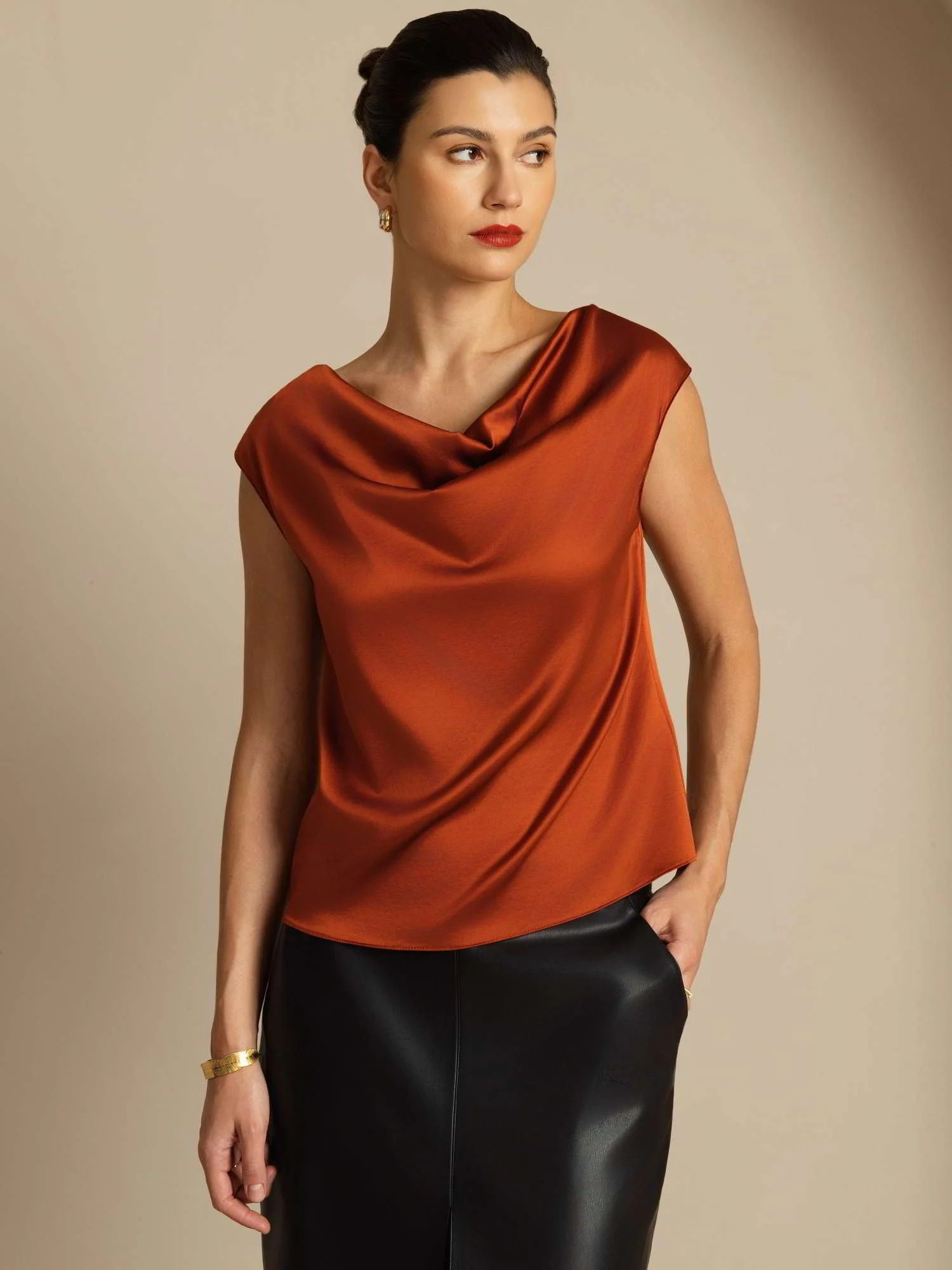 19Momme Silk Cap Sleeve Cowl Neck Women's Top - Image 40