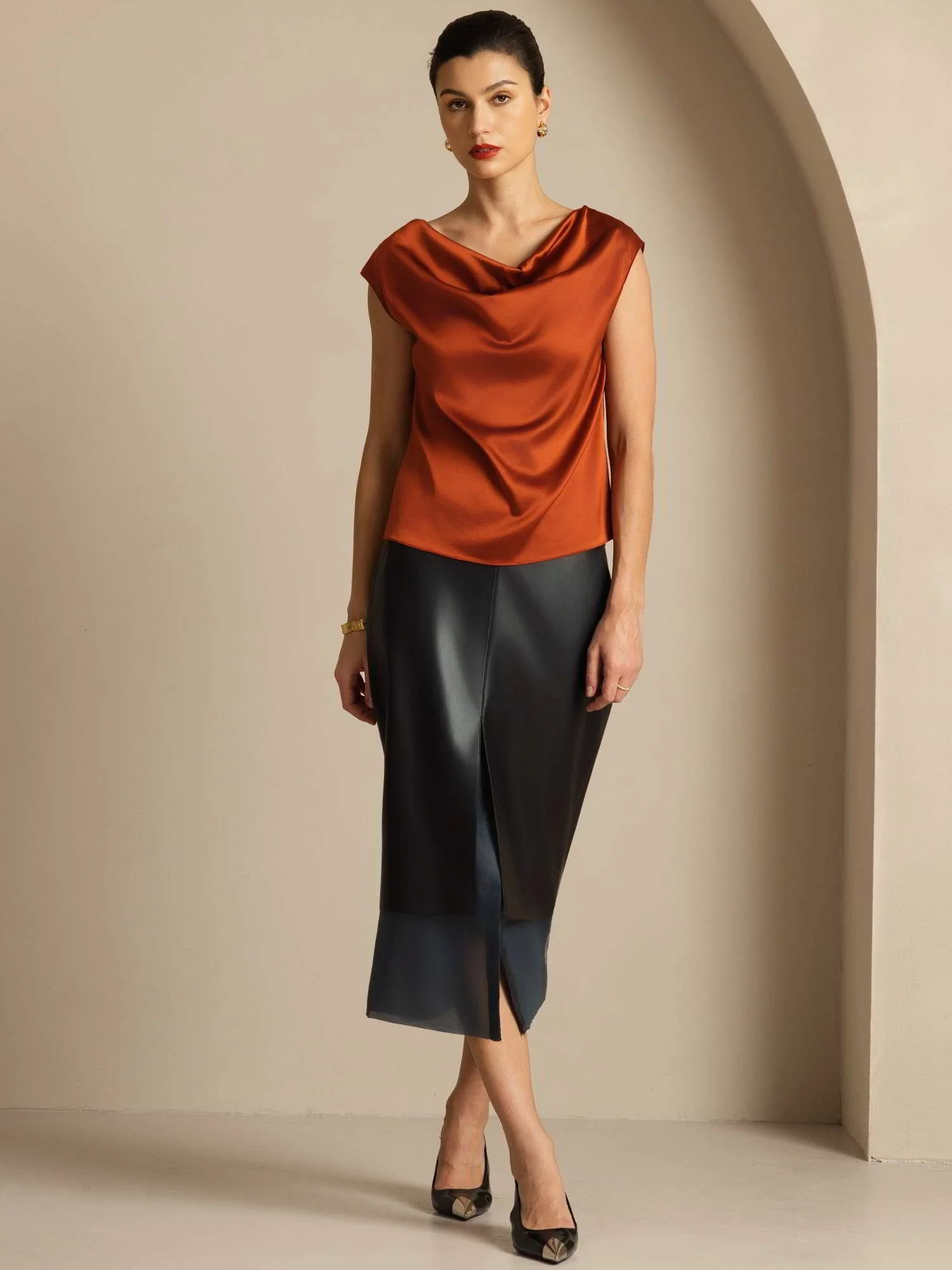 19Momme Silk Cap Sleeve Cowl Neck Women's Top - Image 42