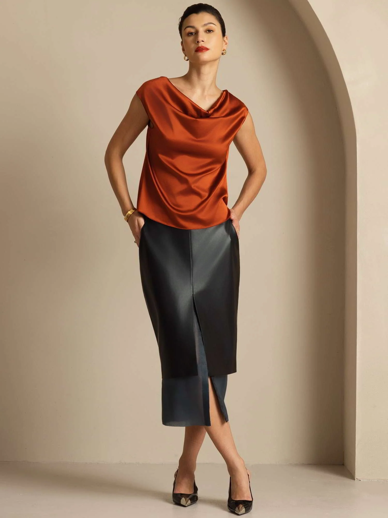 19Momme Silk Cap Sleeve Cowl Neck Women's Top - Image 43