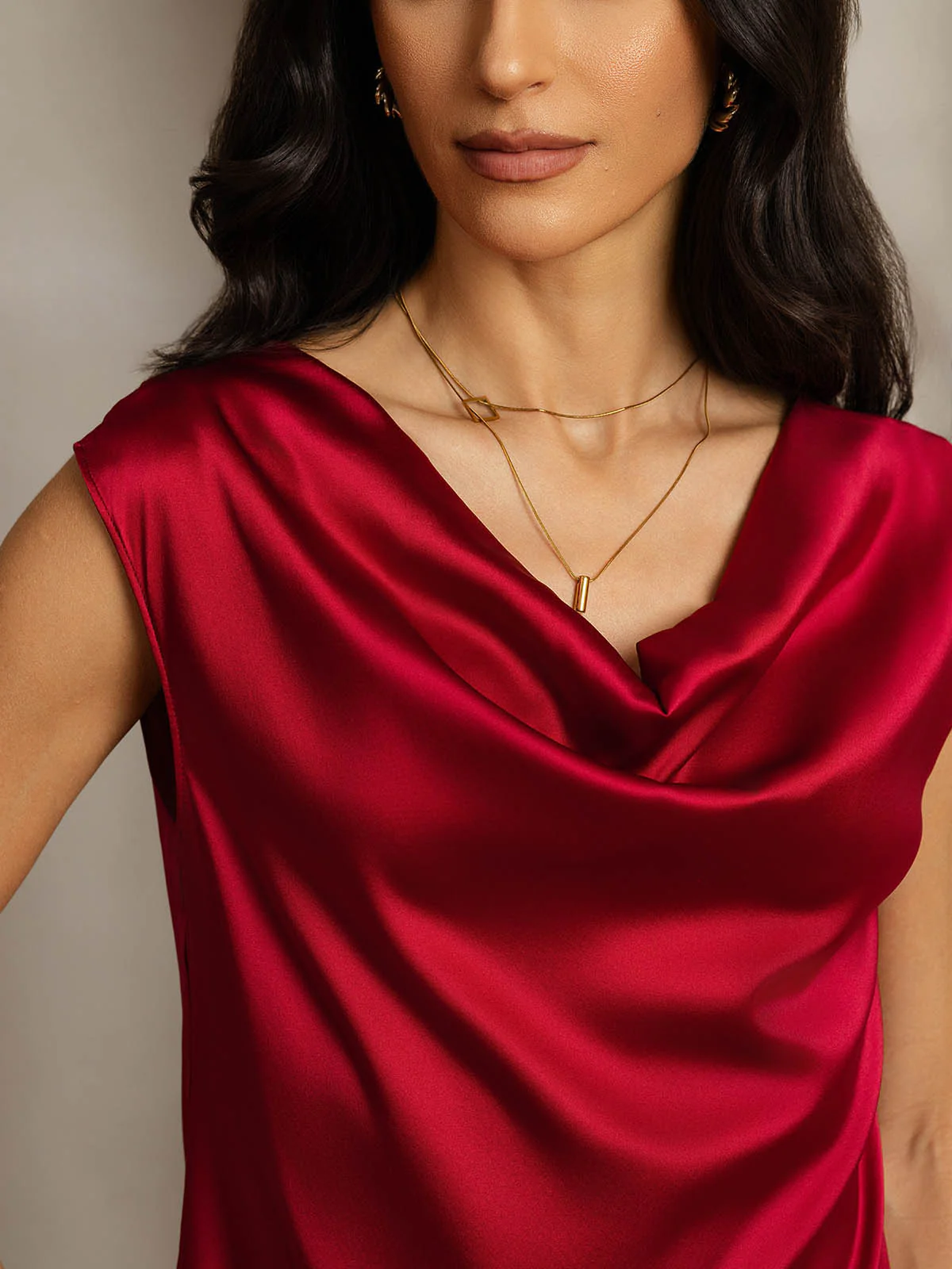19Momme Silk Cap Sleeve Cowl Neck Women's Top - Image 56