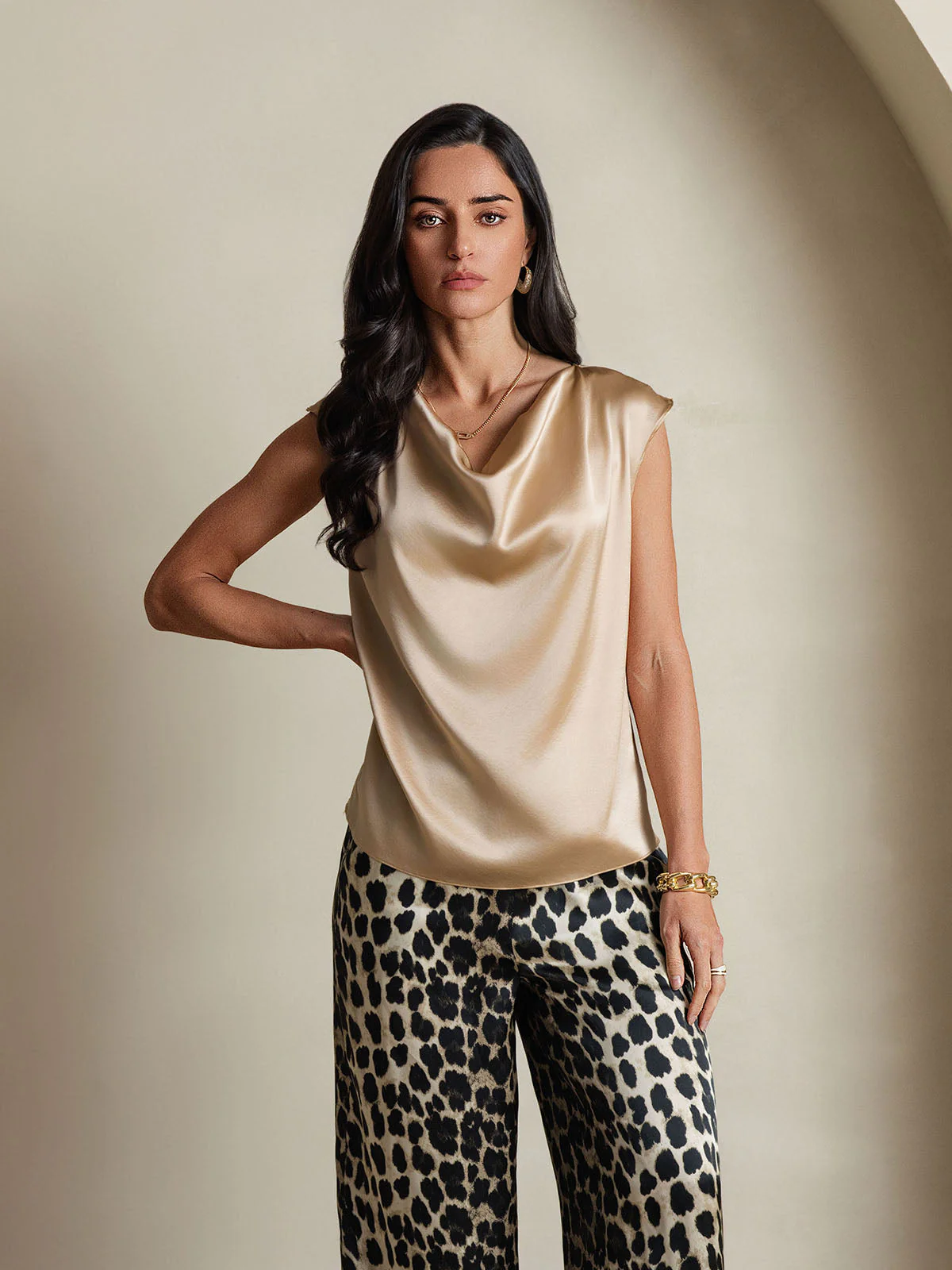19Momme Silk Cap Sleeve Cowl Neck Women's Top - Image 59