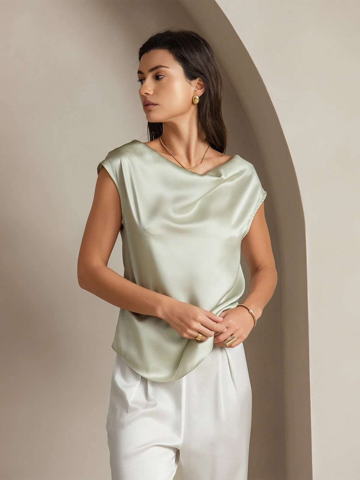 19Momme Silk Cap Sleeve Cowl Neck Women's Top - Image 65