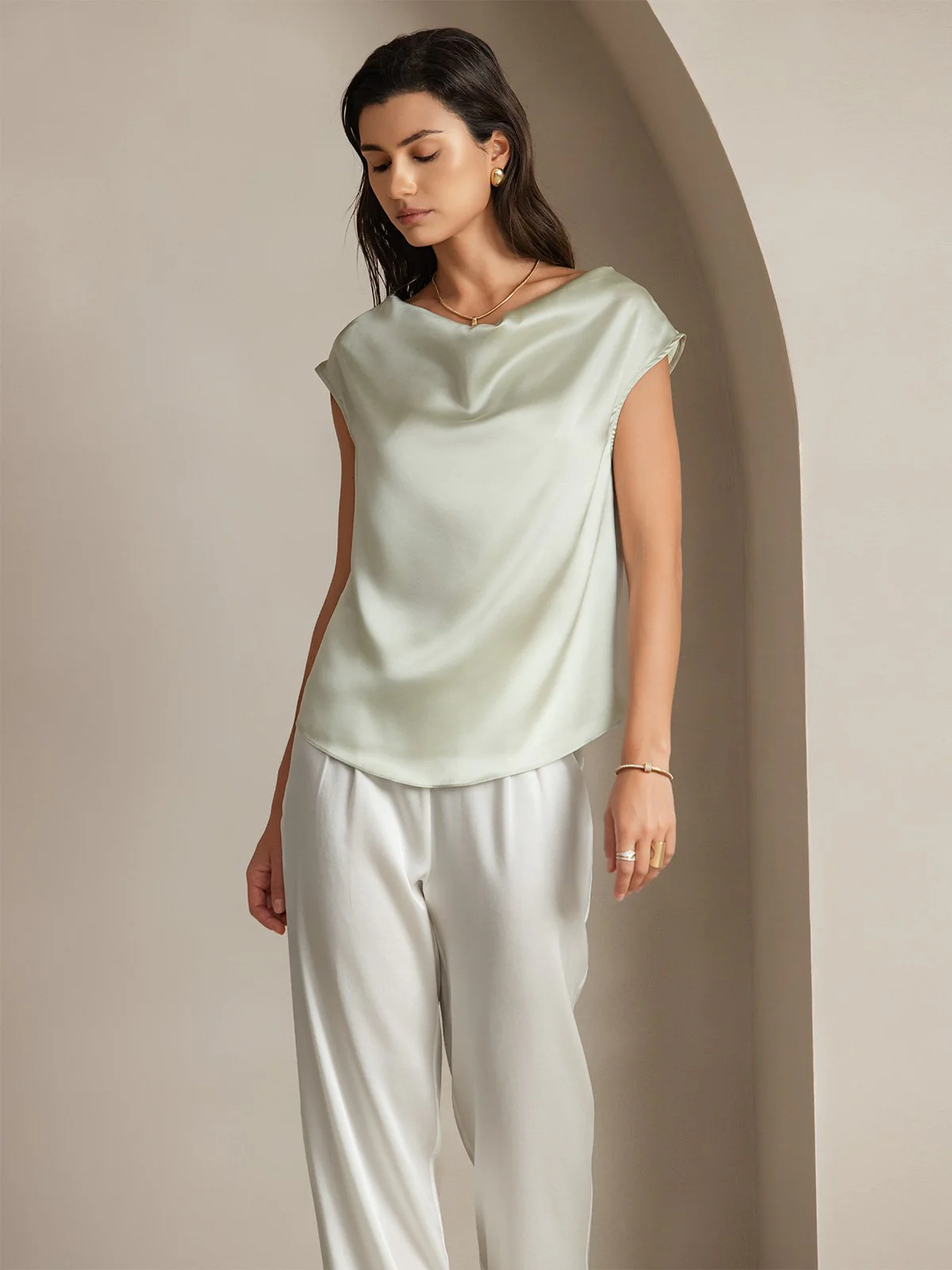 19Momme Silk Cap Sleeve Cowl Neck Women's Top - Image 67