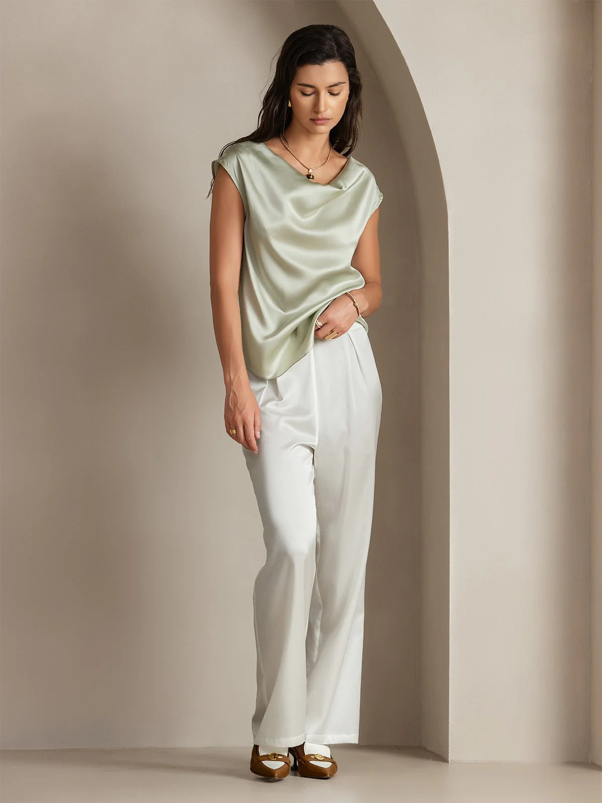 19Momme Silk Cap Sleeve Cowl Neck Women's Top - Image 68