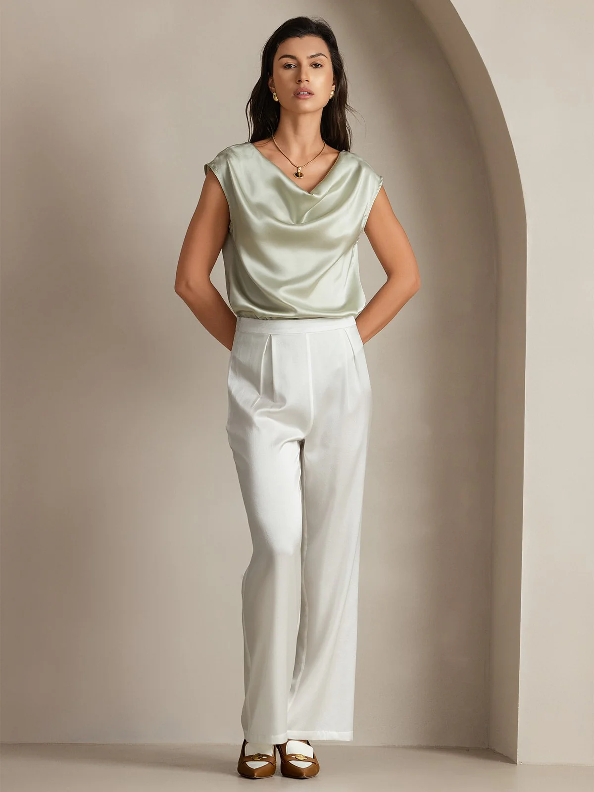 19Momme Silk Cap Sleeve Cowl Neck Women's Top - Image 69