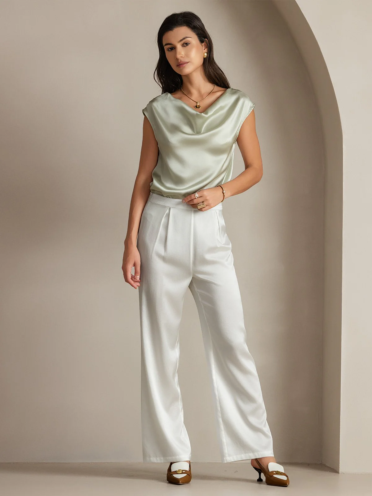 19Momme Silk Cap Sleeve Cowl Neck Women's Top - Image 70