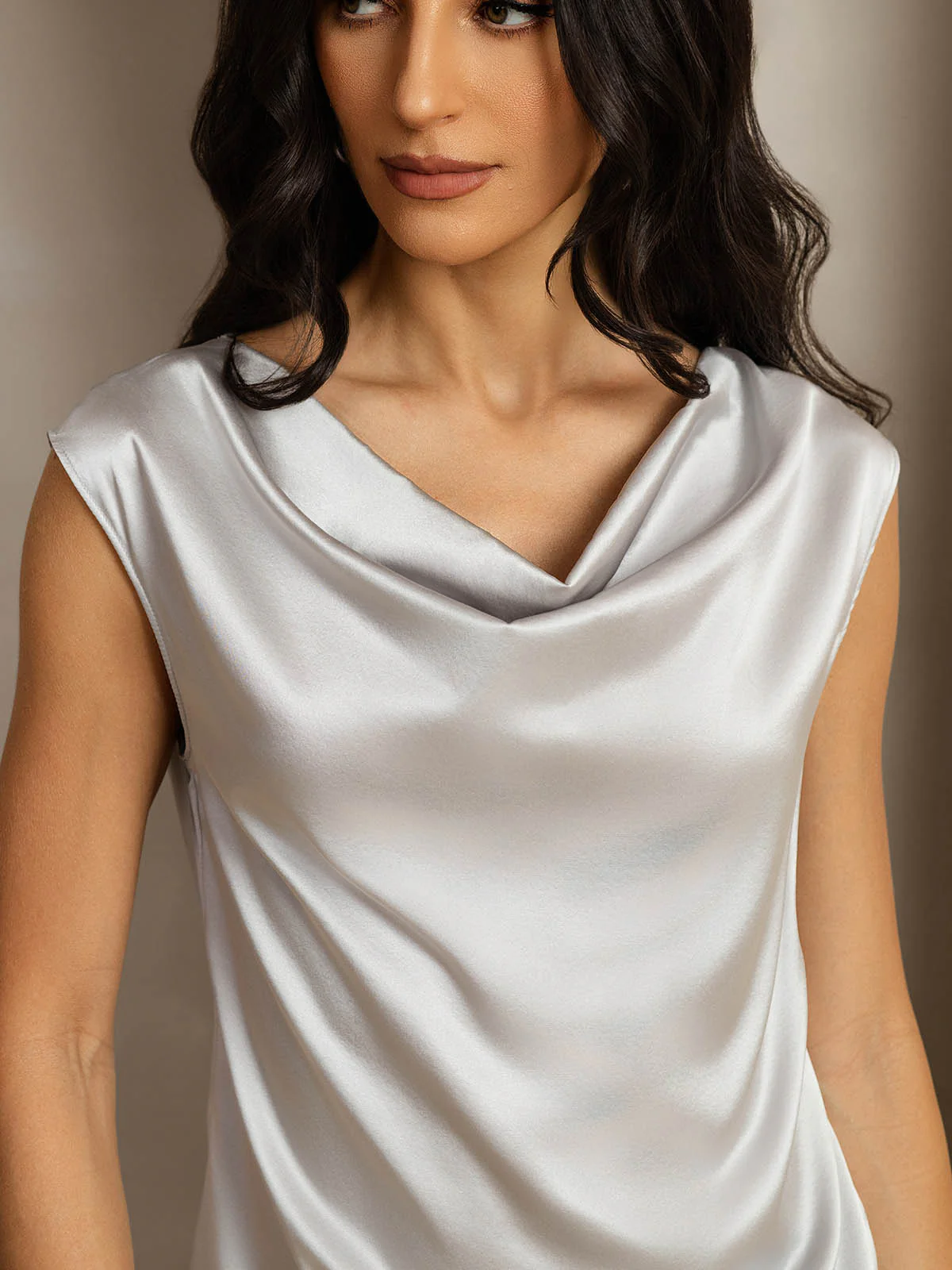 19Momme Silk Cap Sleeve Cowl Neck Women's Top - Image 75