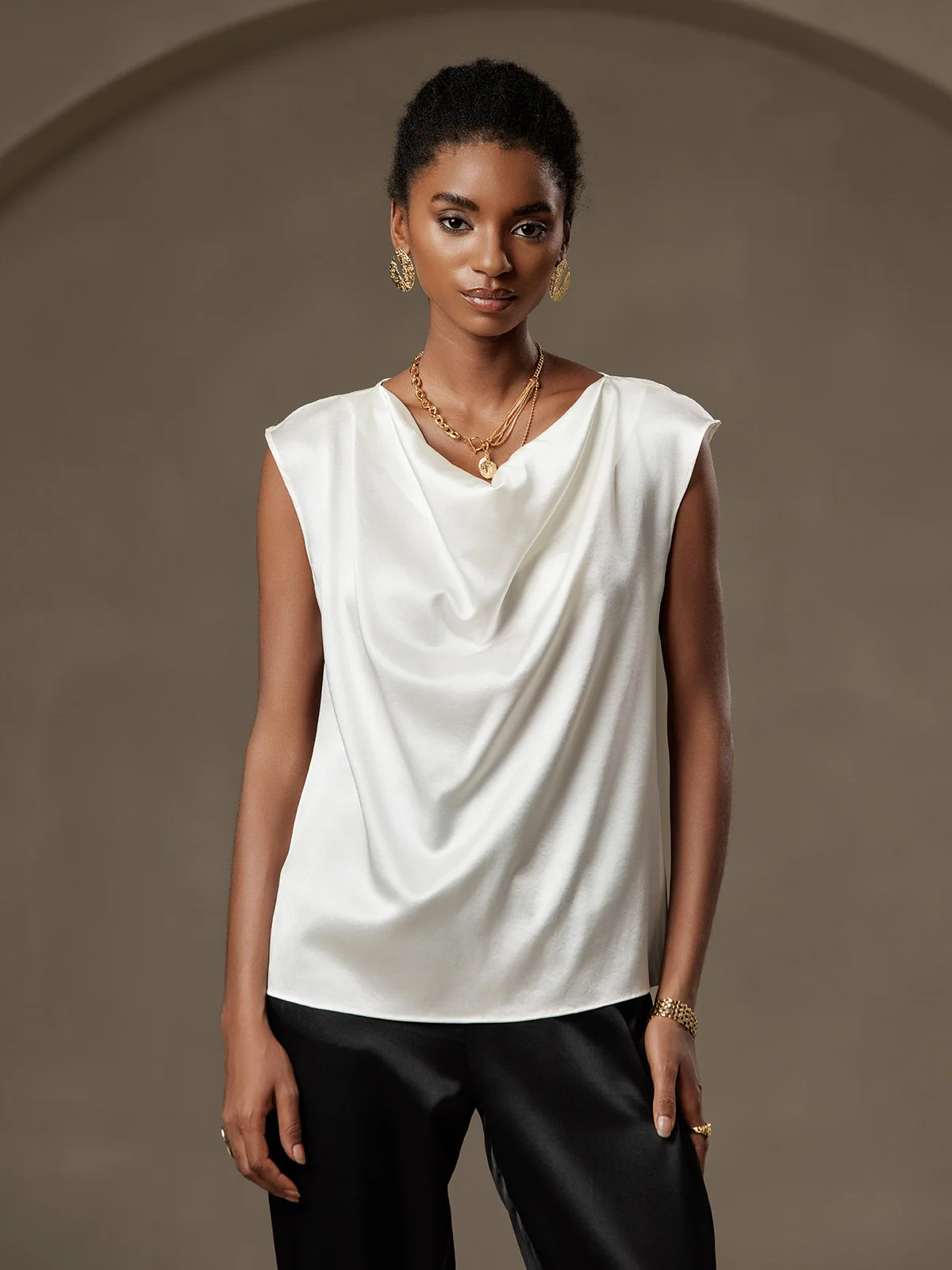 19Momme Silk Cap Sleeve Cowl Neck Women's Top - Image 9