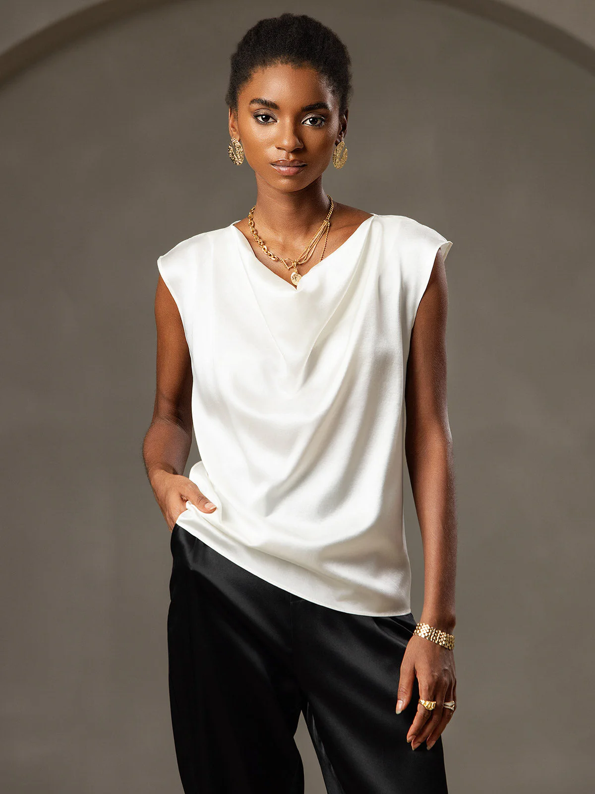 19Momme Women's Silk Cap Sleeve Cowl Neck Top - Image 12