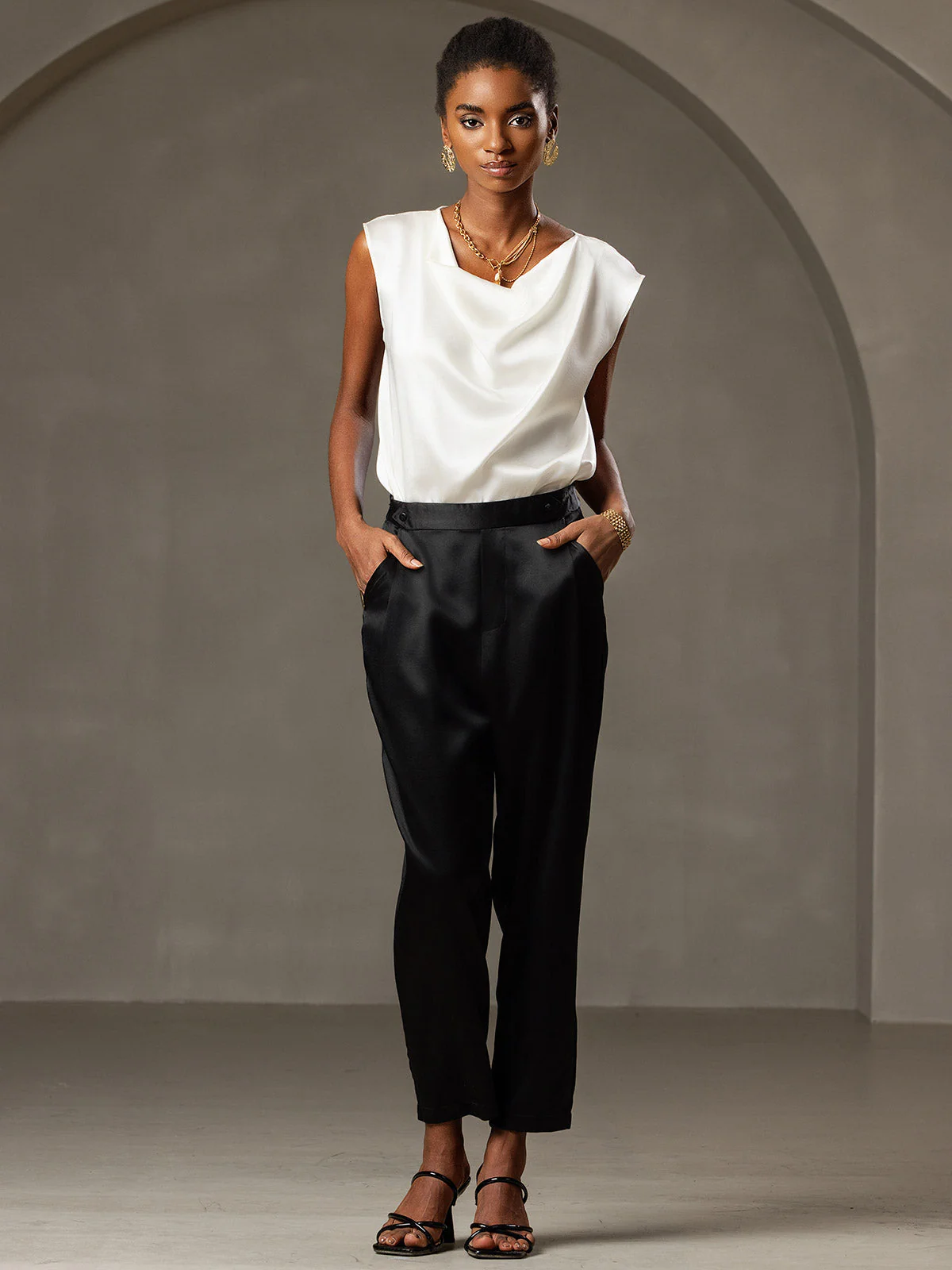 19Momme Women's Silk Cap Sleeve Cowl Neck Top - Image 14