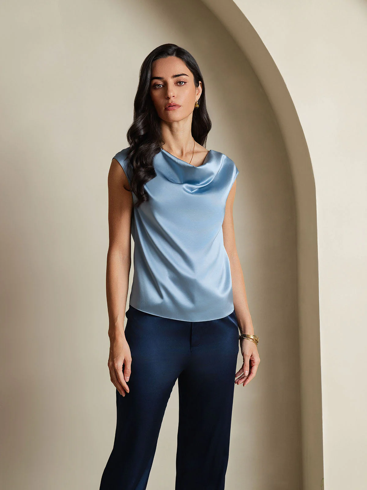 19Momme Women's Silk Cap Sleeve Cowl Neck Top - Image 16