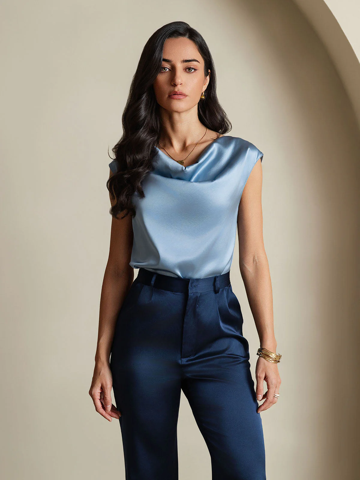19Momme Women's Silk Cap Sleeve Cowl Neck Top - Image 18