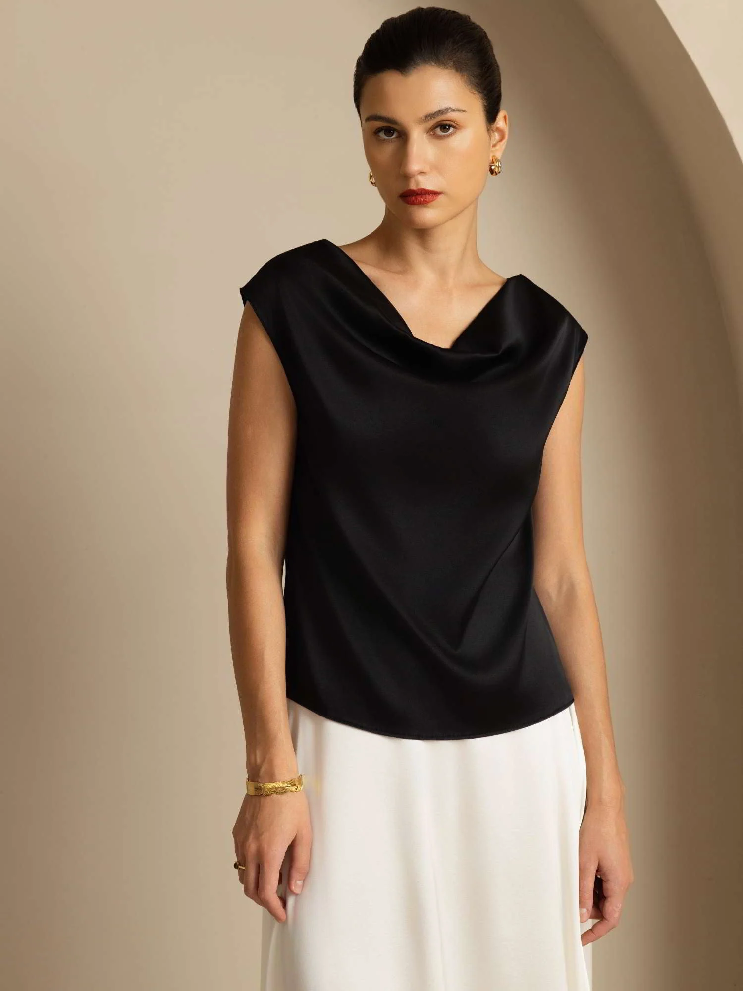 19Momme Women's Silk Cap Sleeve Cowl Neck Top - Image 29