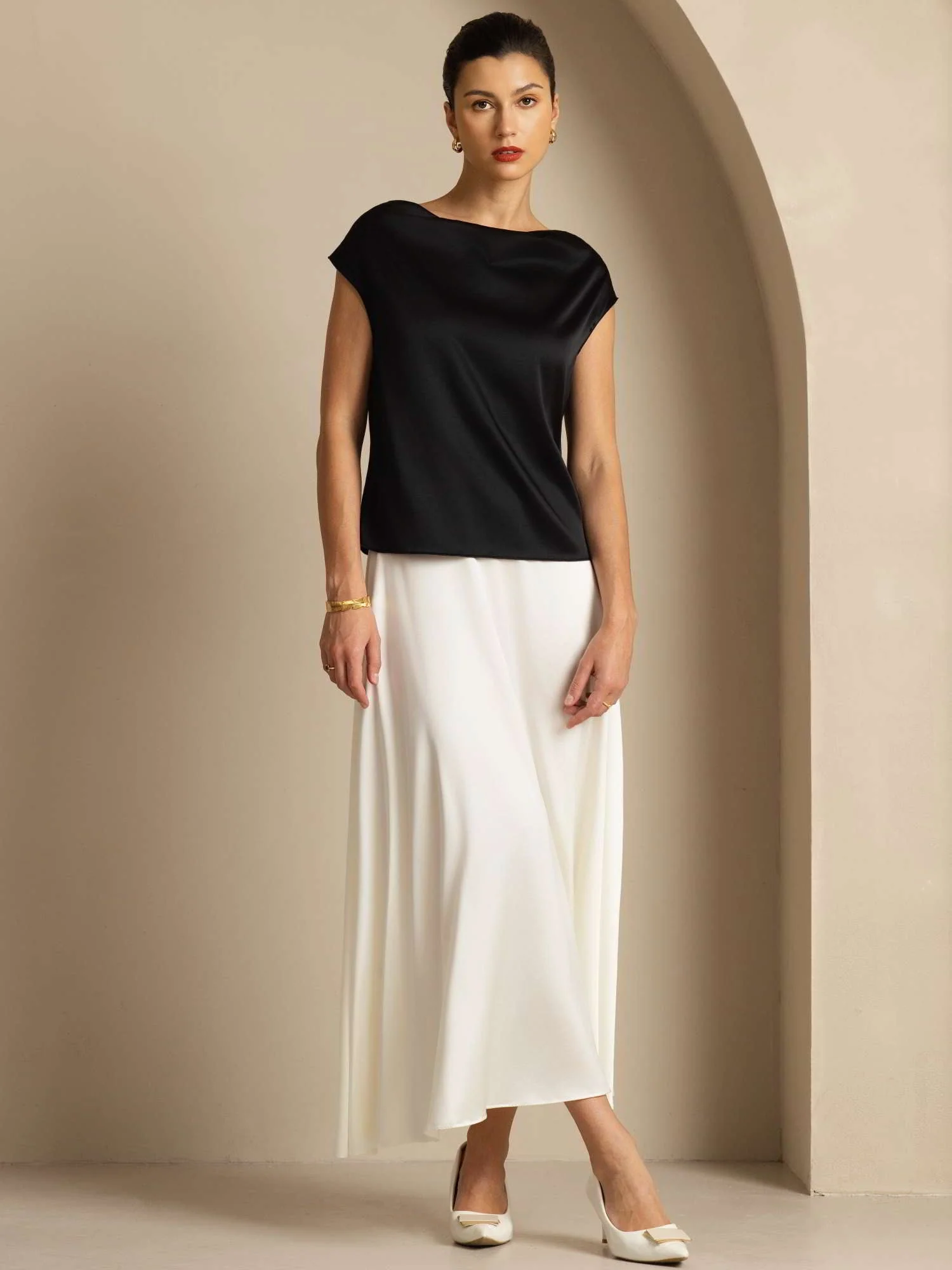 19Momme Women's Silk Cap Sleeve Cowl Neck Top - Image 35