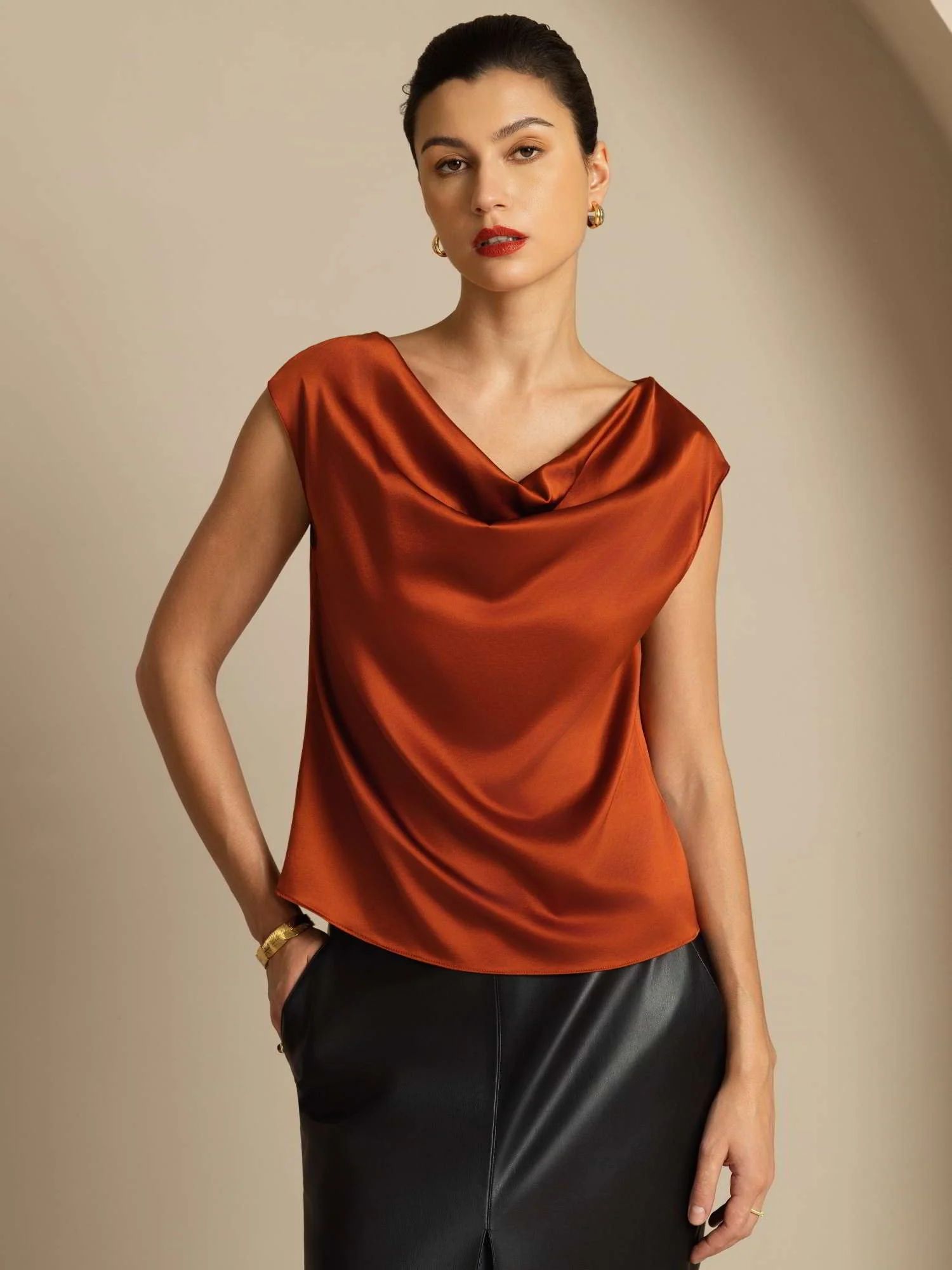 19Momme Women's Silk Cap Sleeve Cowl Neck Top - Image 37