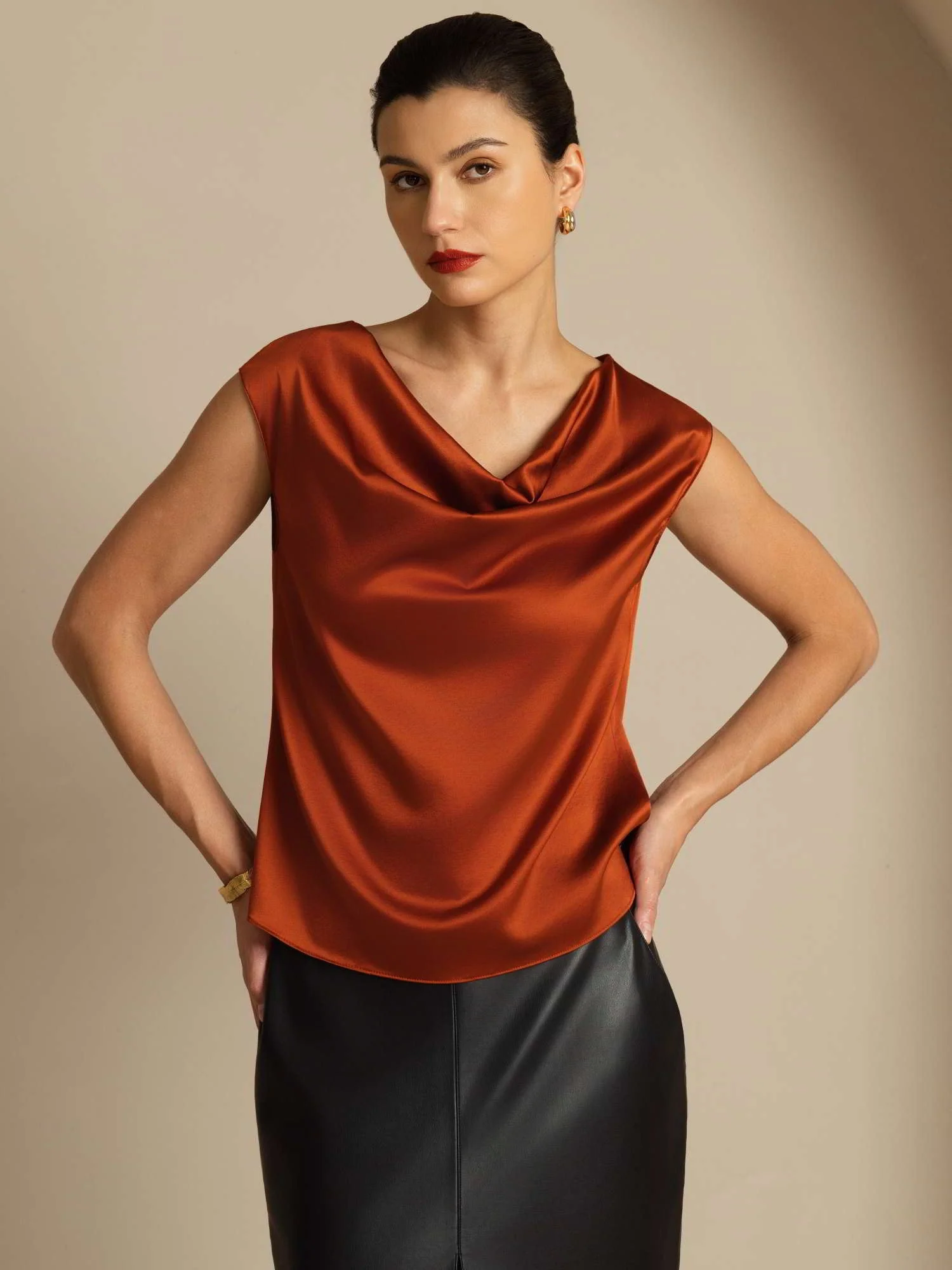 19Momme Women's Silk Cap Sleeve Cowl Neck Top - Image 40