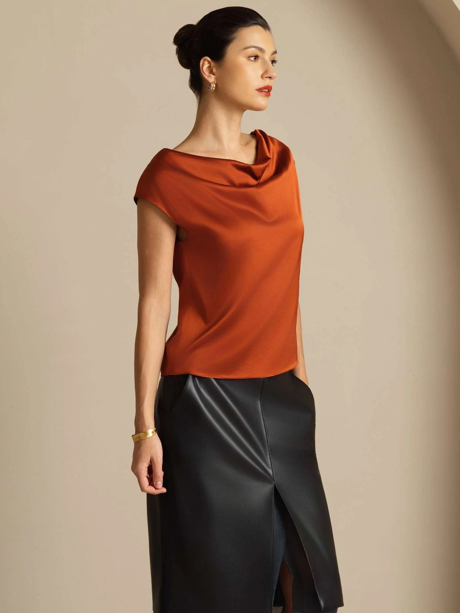 19Momme Women's Silk Cap Sleeve Cowl Neck Top - Image 42