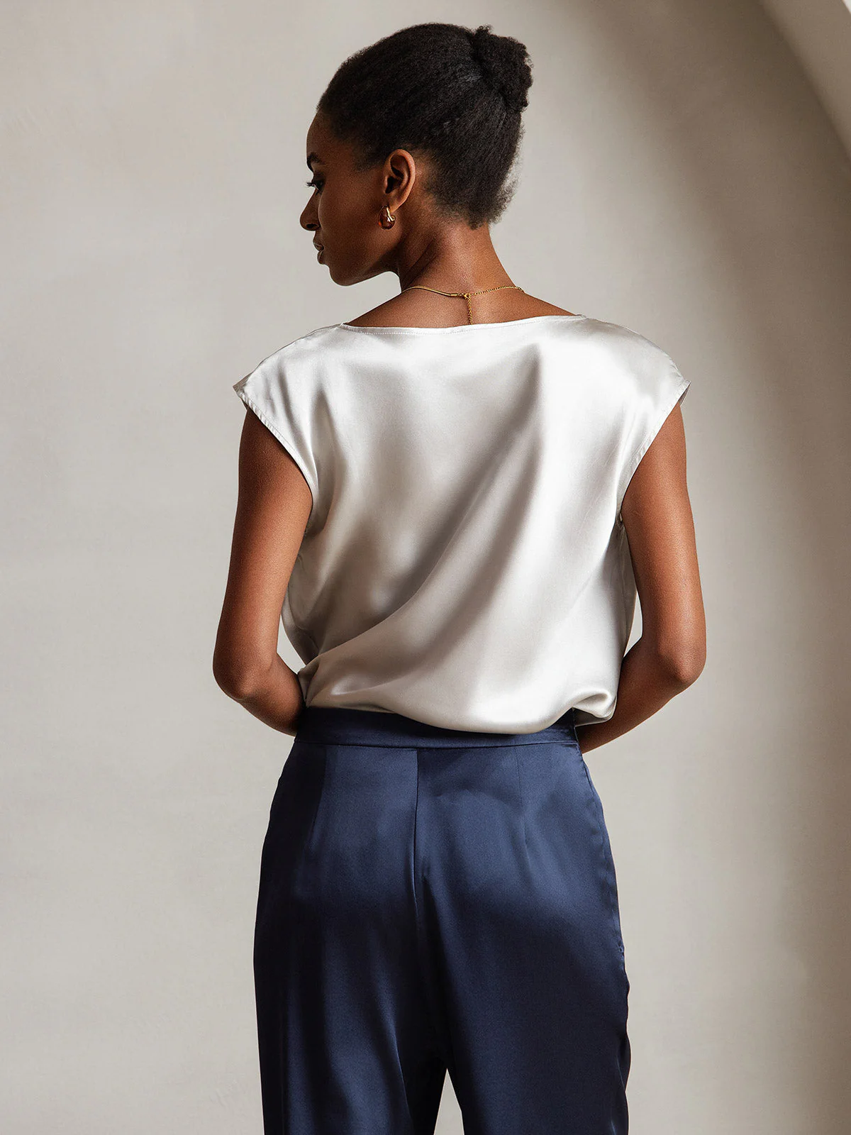 19Momme Women's Silk Cap Sleeve Cowl Neck Top - Image 46