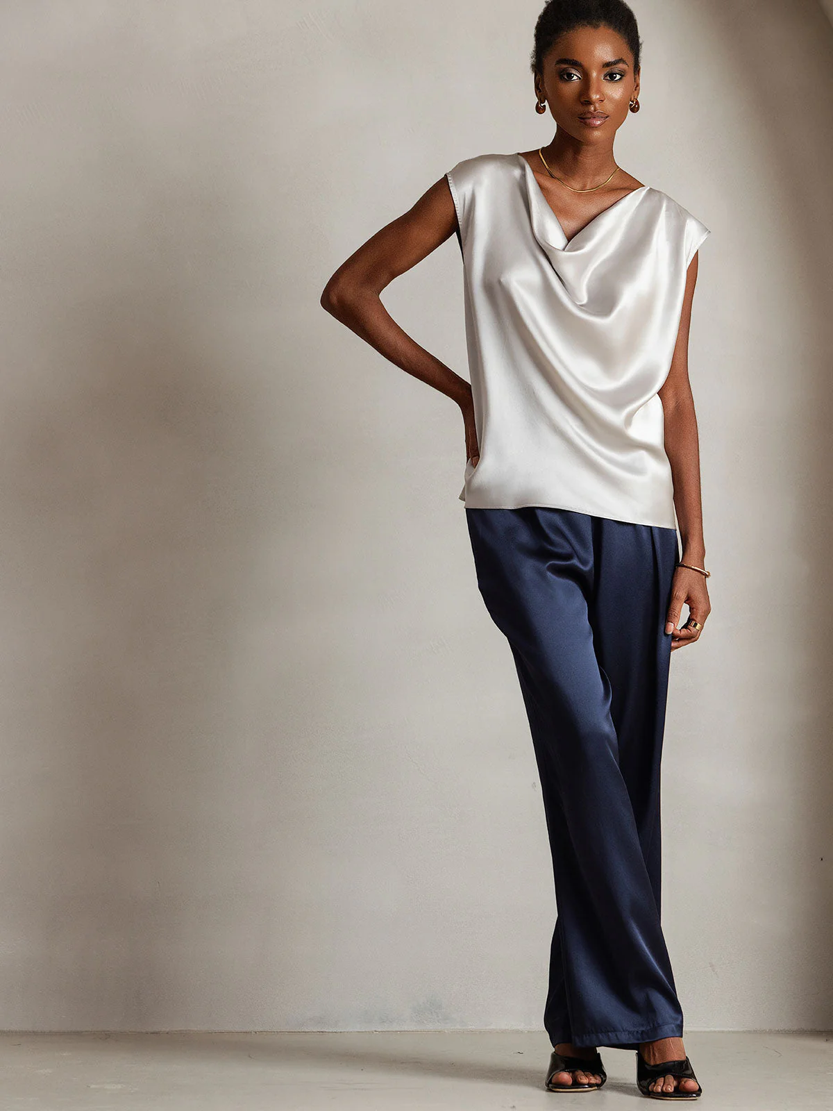 19Momme Women's Silk Cap Sleeve Cowl Neck Top - Image 47