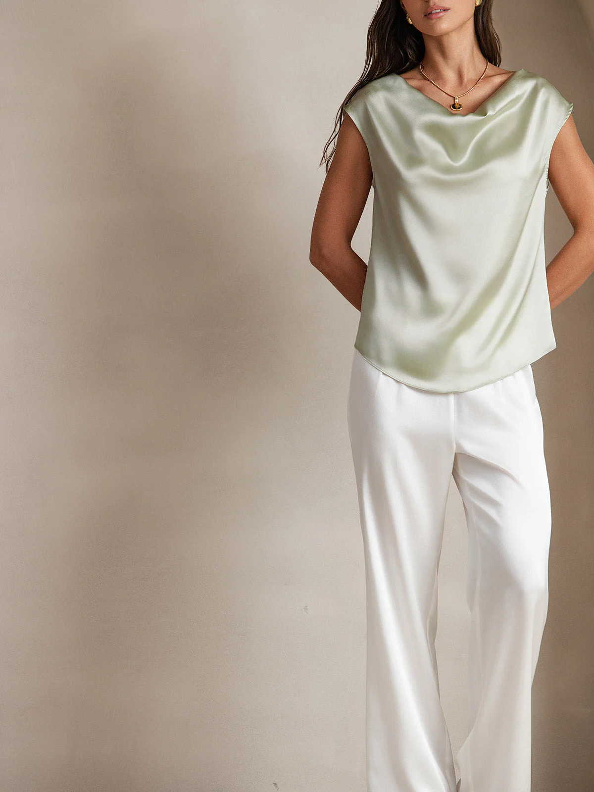 19Momme Women's Silk Cap Sleeve Cowl Neck Top - Image 55