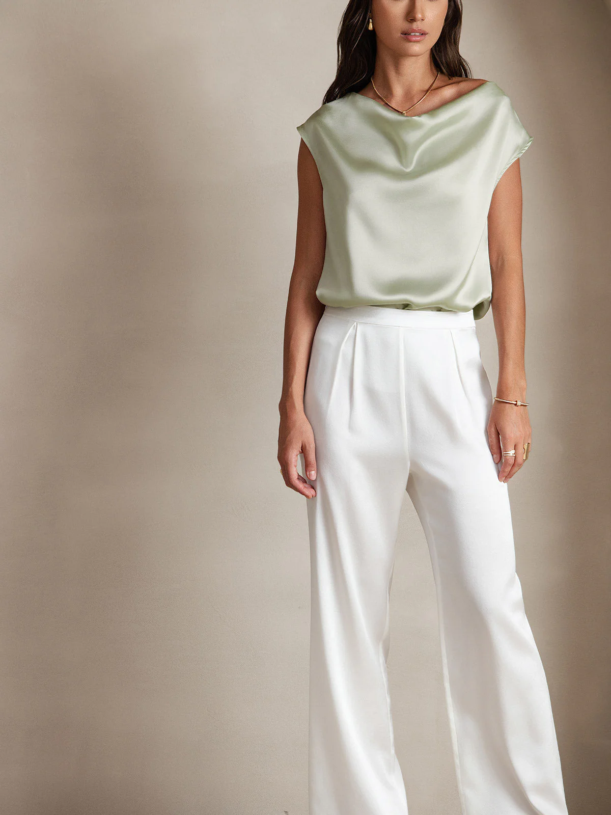 19Momme Women's Silk Cap Sleeve Cowl Neck Top - Image 56