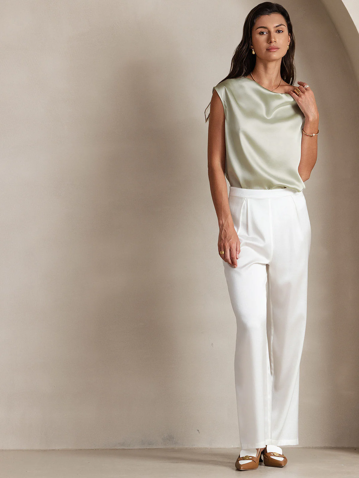 19Momme Women's Silk Cap Sleeve Cowl Neck Top - Image 57