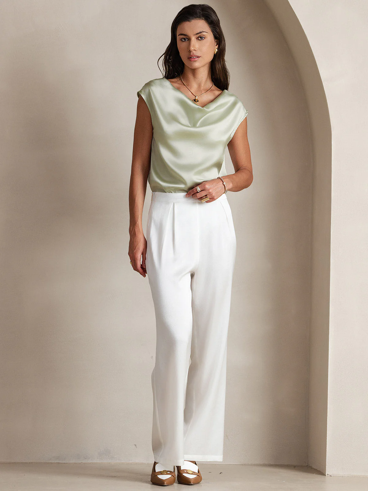 19Momme Women's Silk Cap Sleeve Cowl Neck Top - Image 58