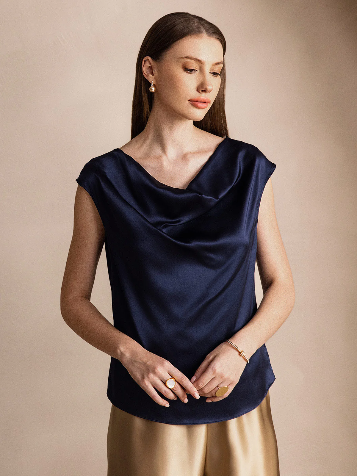 19Momme Women's Silk Cap Sleeve Cowl Neck Top - Image 60