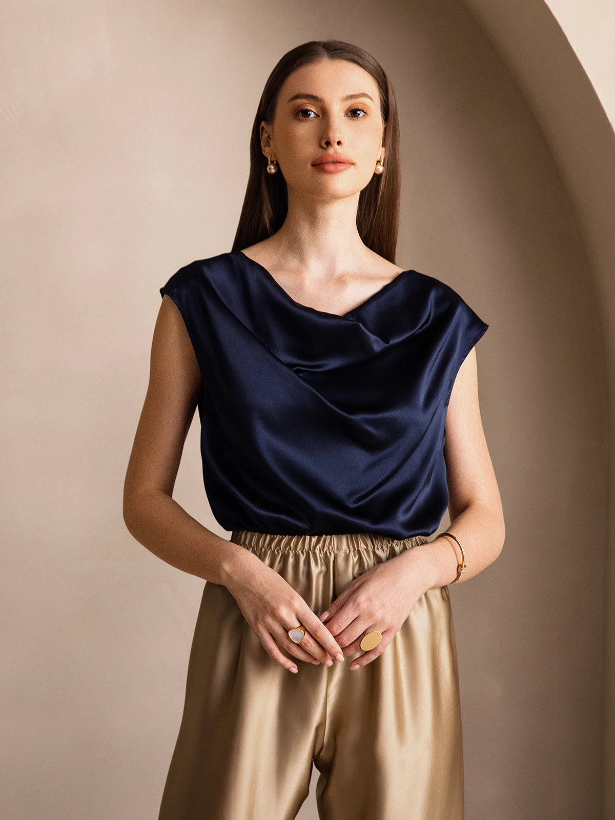 19Momme Women's Silk Cap Sleeve Cowl Neck Top - Image 62