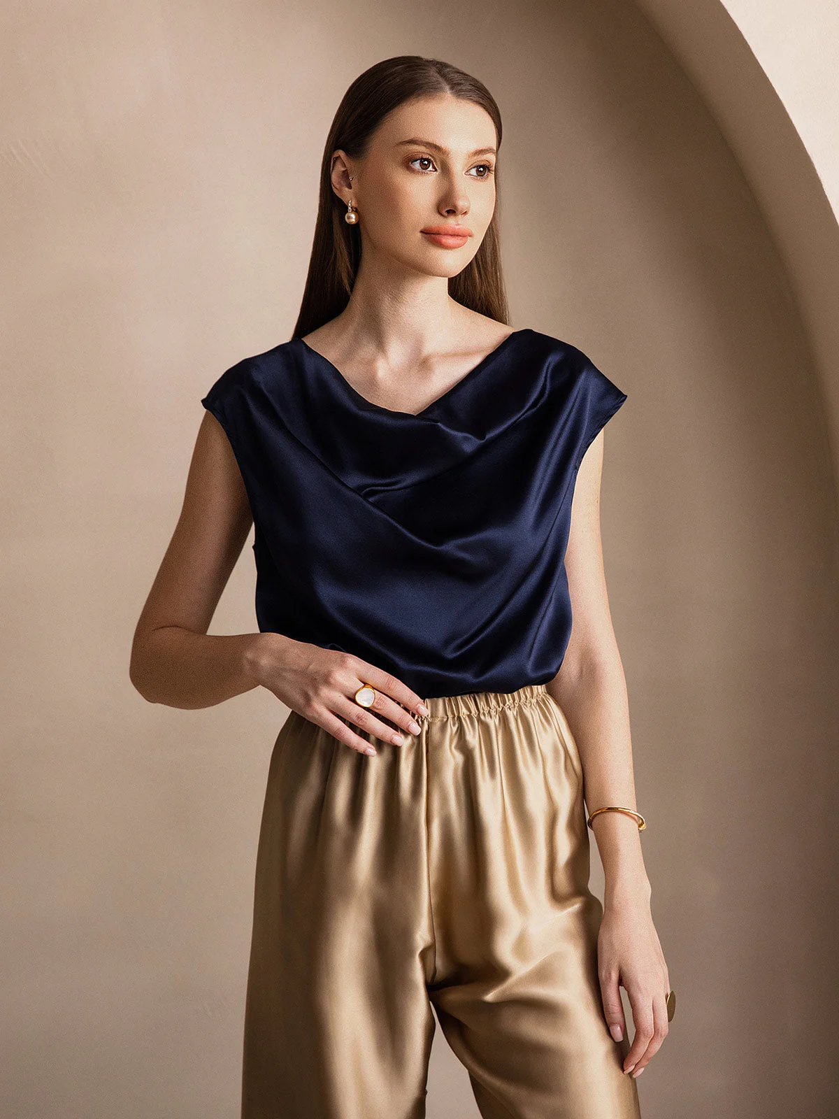 19Momme Women's Silk Cap Sleeve Cowl Neck Top - Image 63