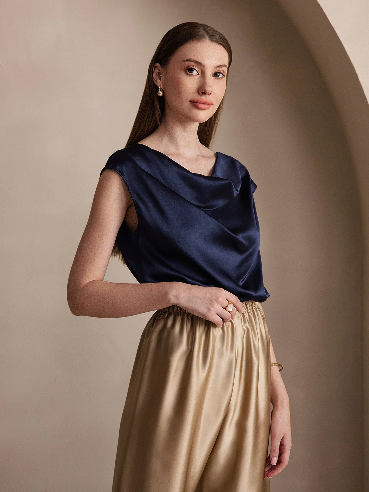 19Momme Women's Silk Cap Sleeve Cowl Neck Top - Image 64