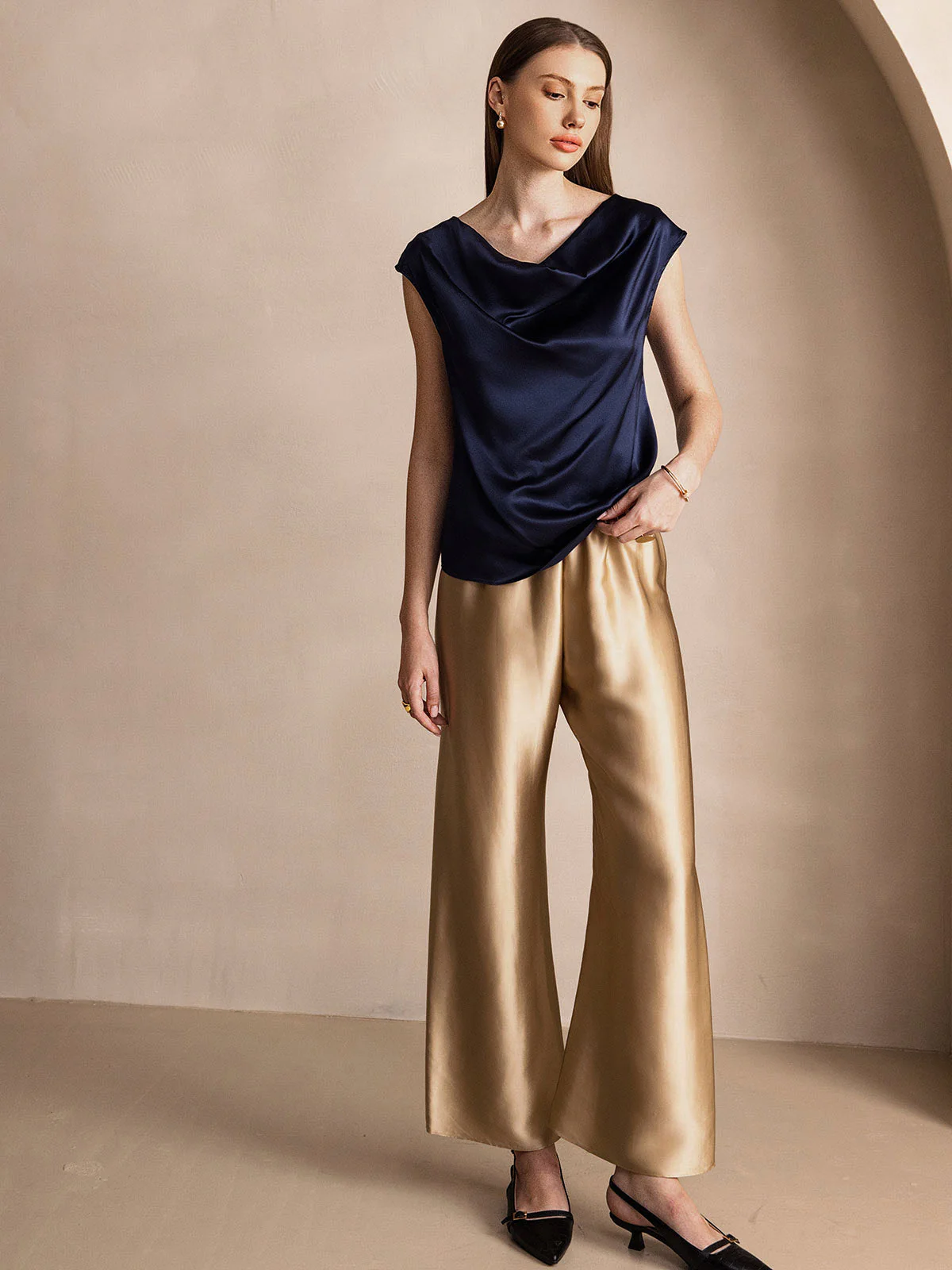 19Momme Women's Silk Cap Sleeve Cowl Neck Top - Image 66